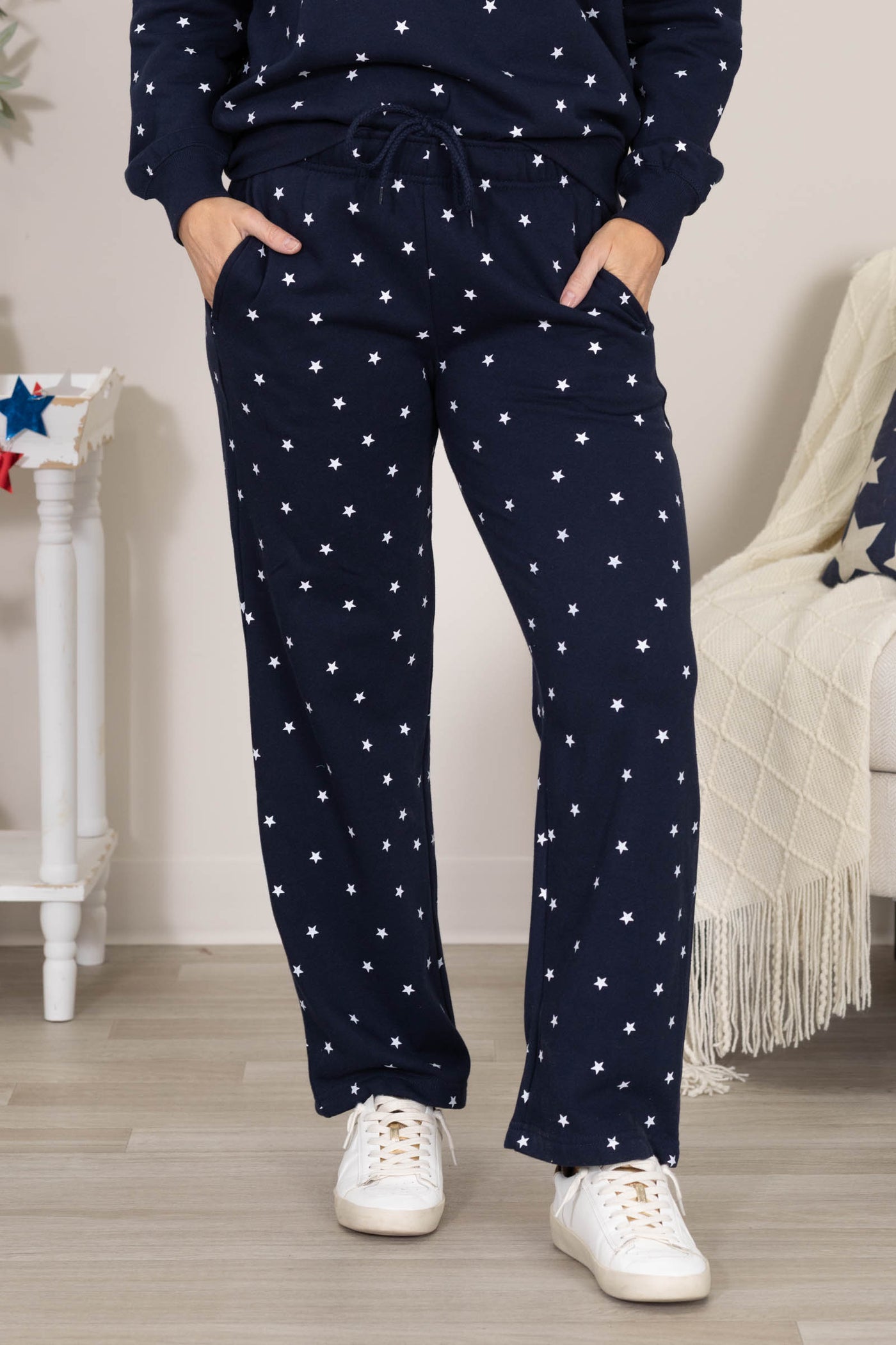 Navy Fleece Pants With Star Print