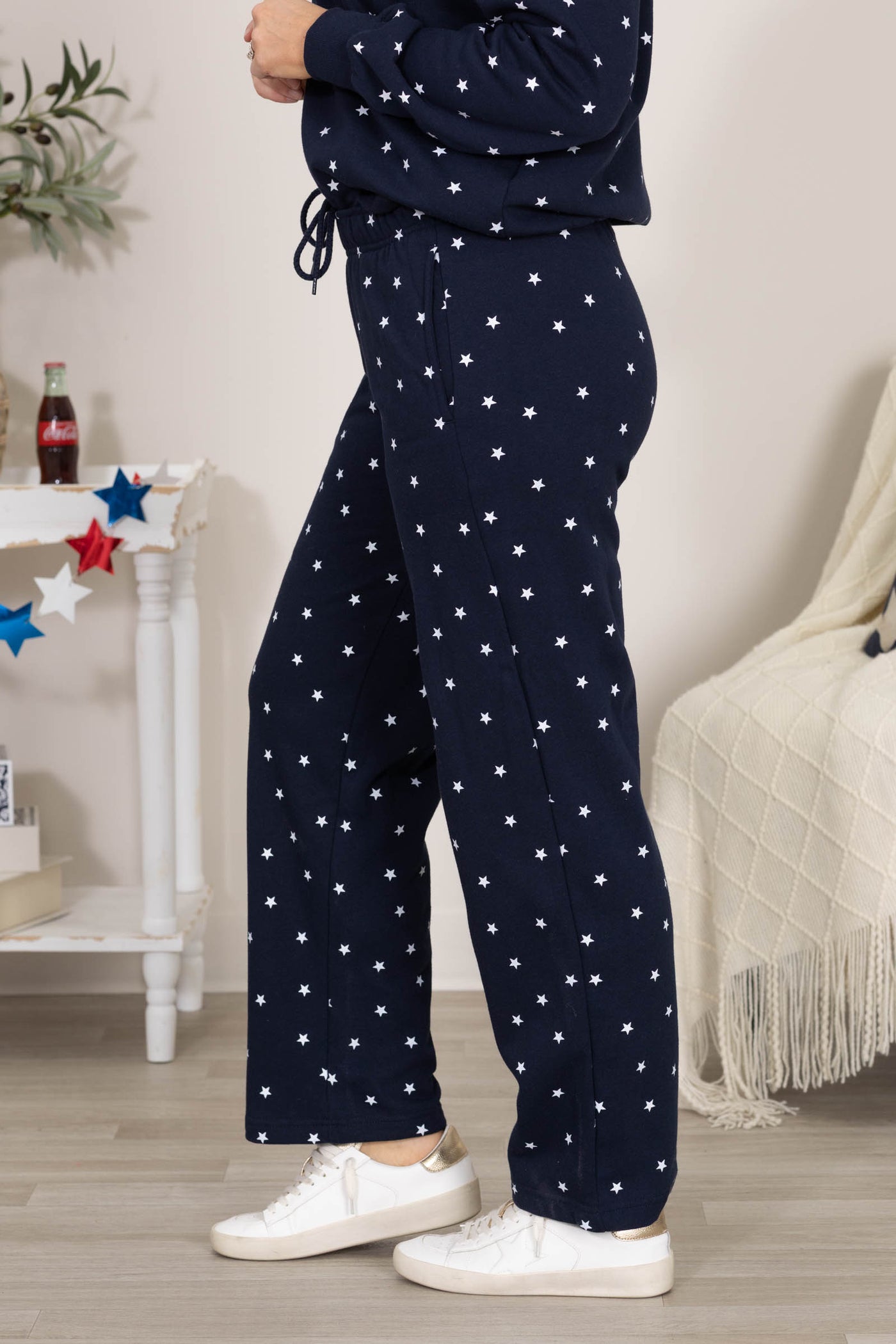 Navy Fleece Pants With Star Print