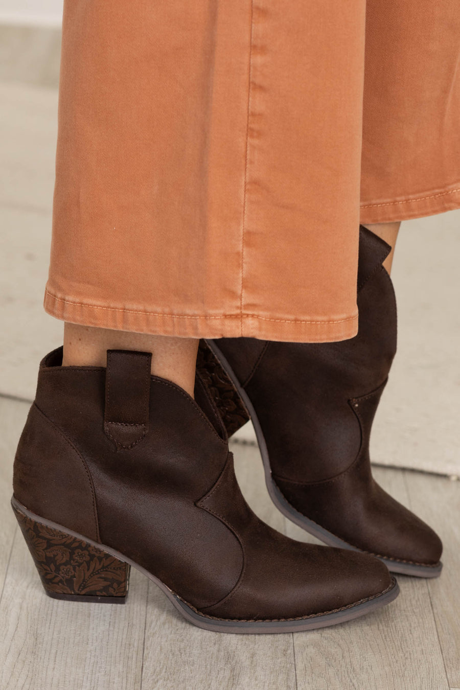 Brown Bootie With Floral Tooled Heel