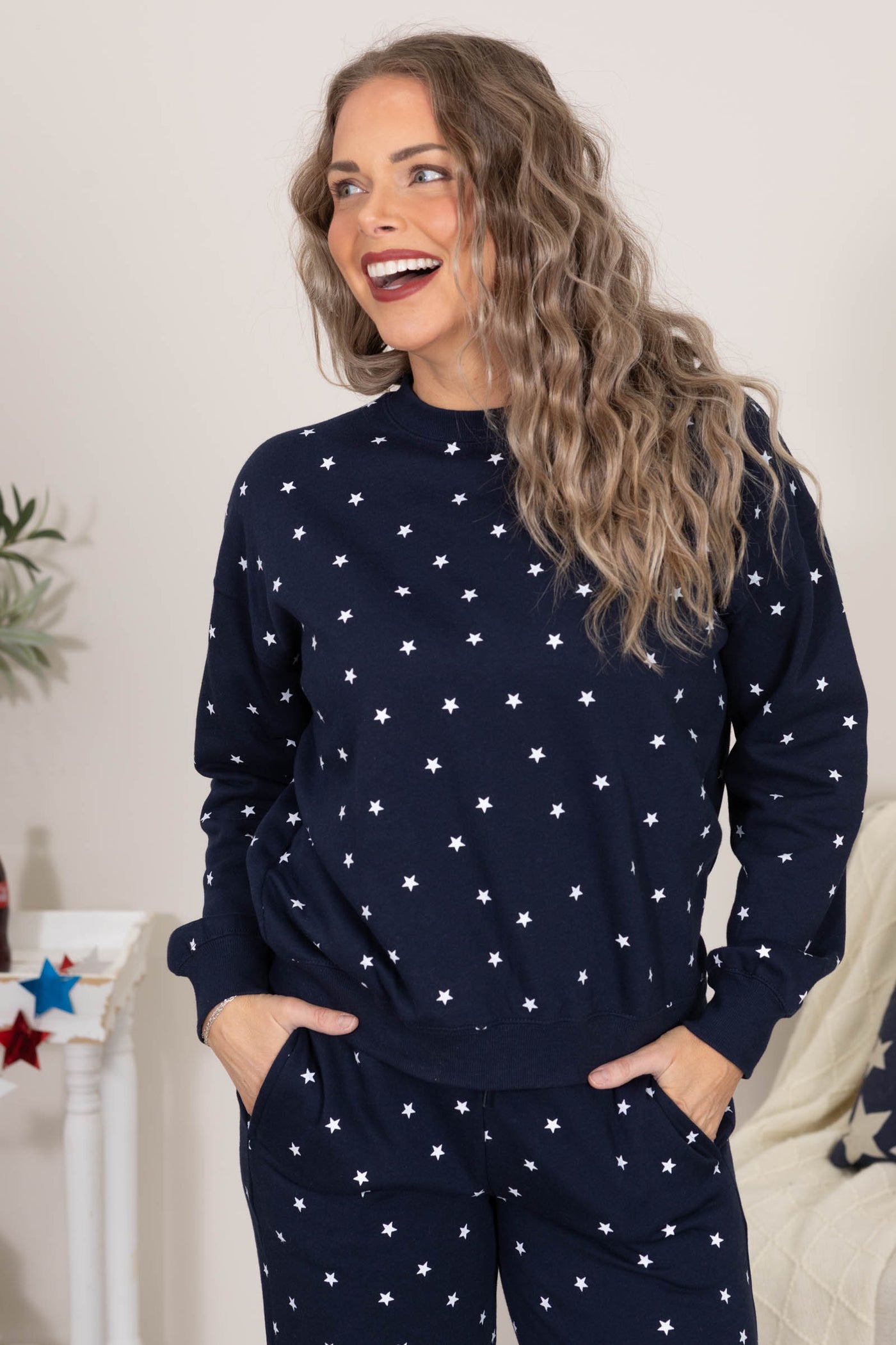 Navy Fleece Sweatshirt With Star Print