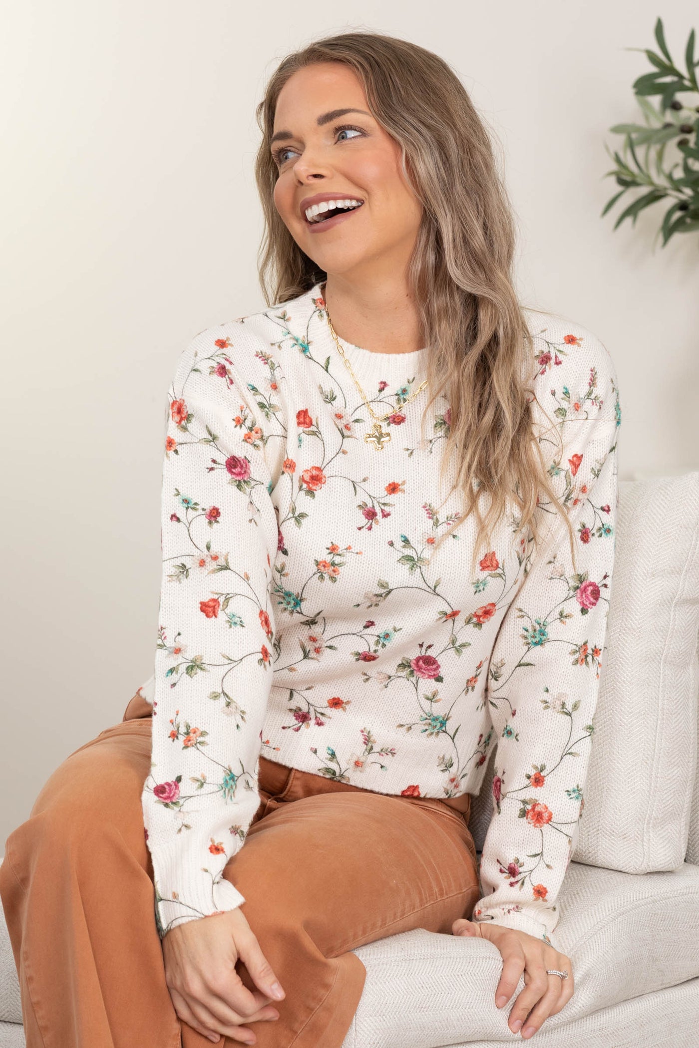 Ivory Floral Crewneck Sweater Knit Top