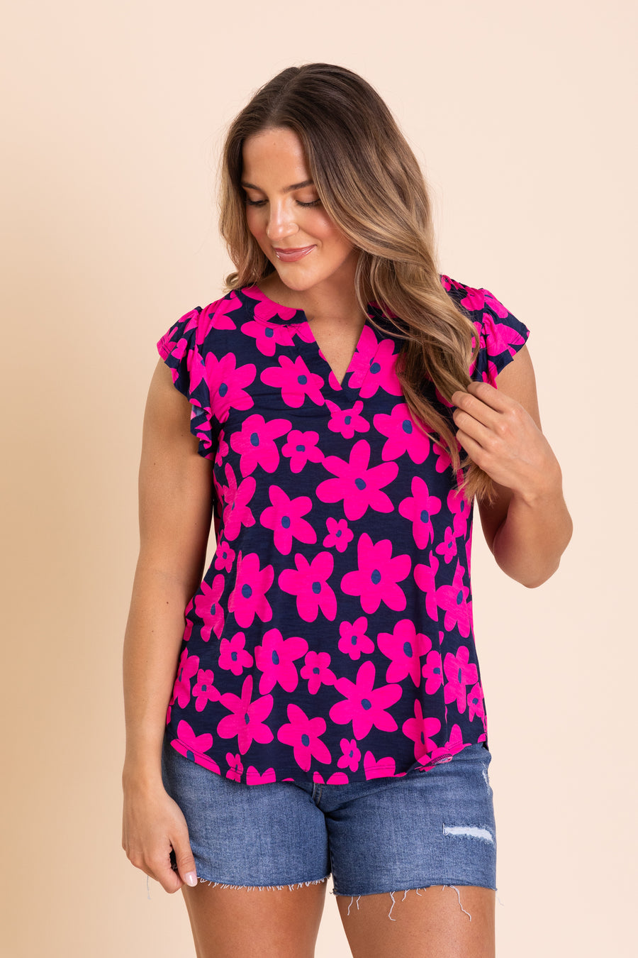 Navy Daisy Ruffle Sleeve Wrinkle Free Liz Top