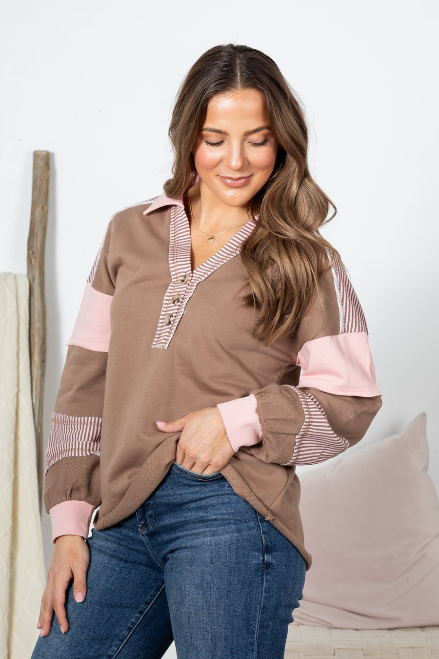 Mocha Colorblock Casual Long Sleeve Knit Top