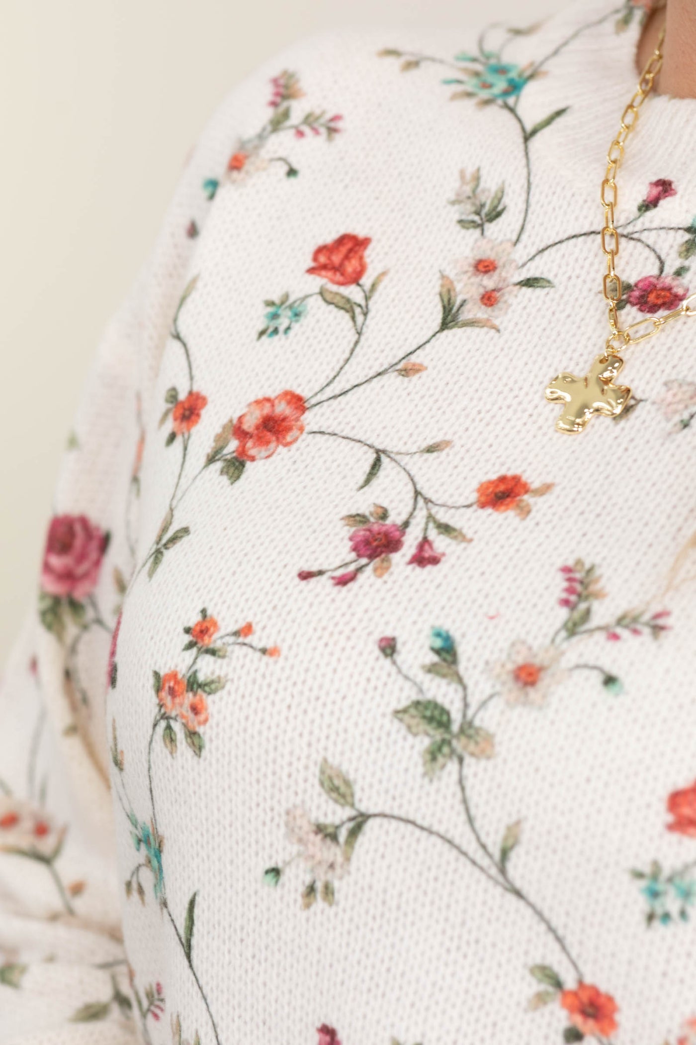 Ivory Floral Crewneck Sweater Knit Top