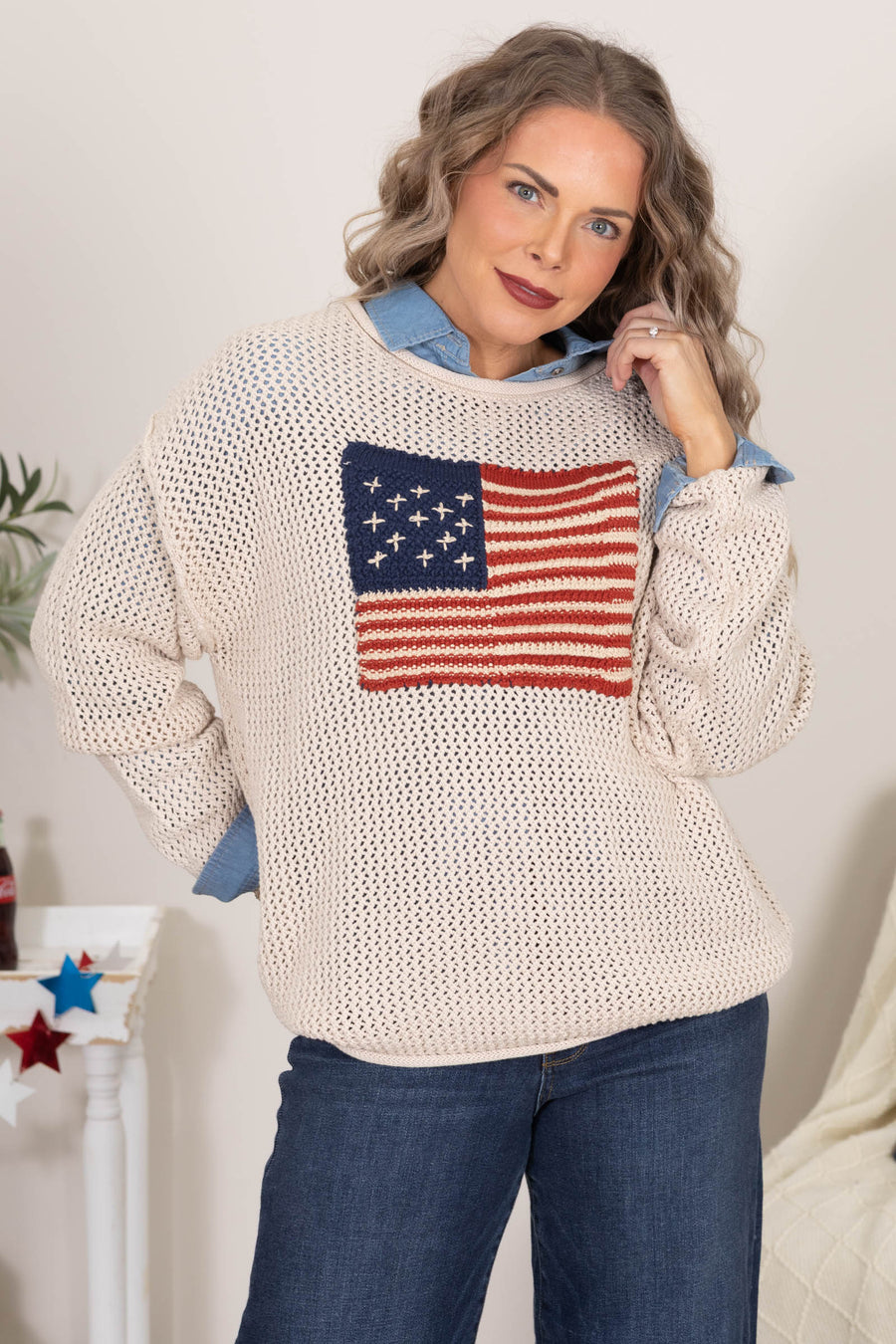 Beige American Flag Crochet Sweater