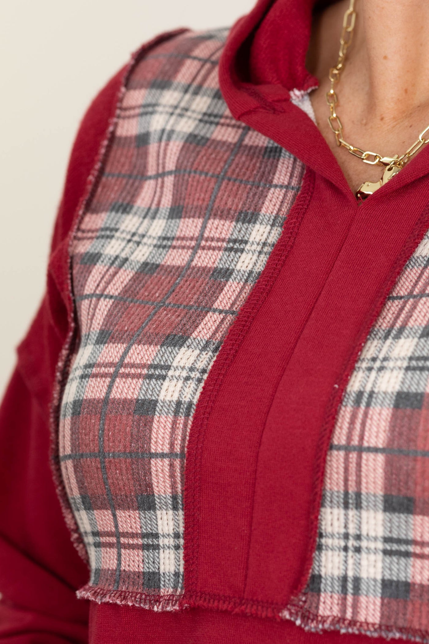 Plaid Contrast Detail Knit Hoodie Knit Tops