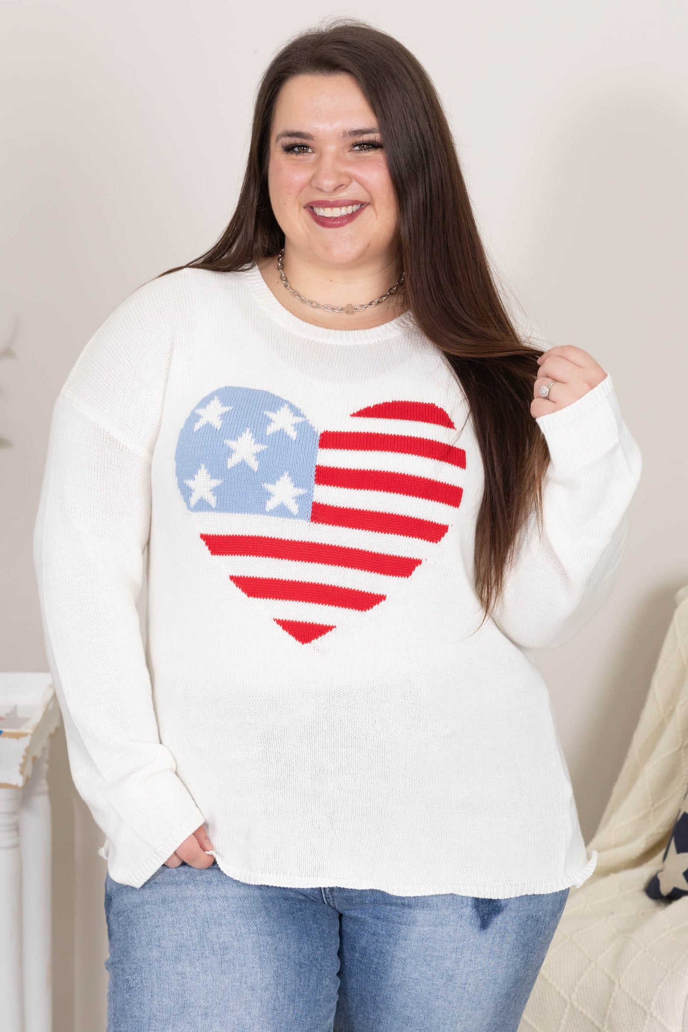 Ivory American Flag Heart Sweater Top