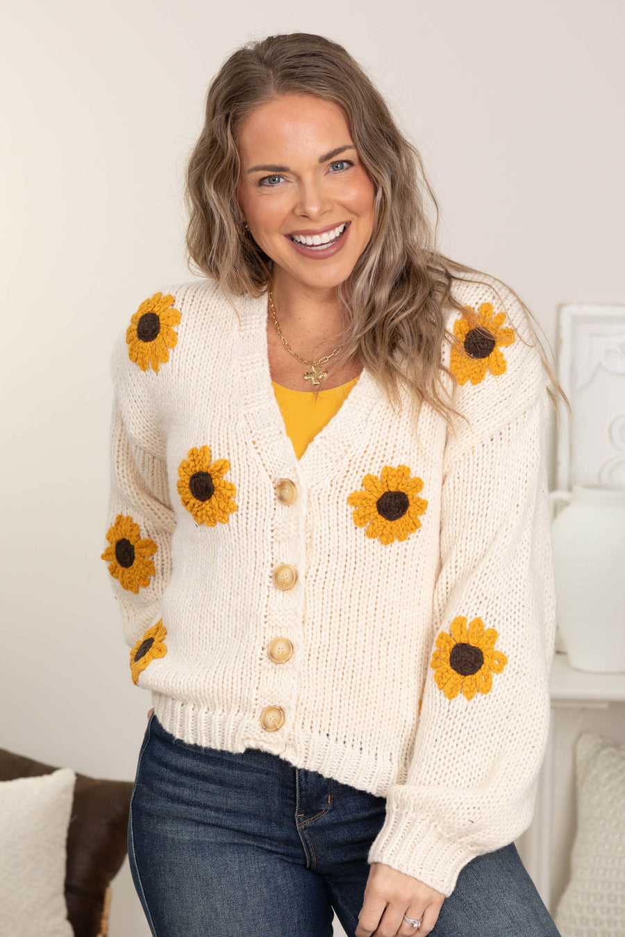 Cream Sunflower Embroidered V-Neck Cardigan