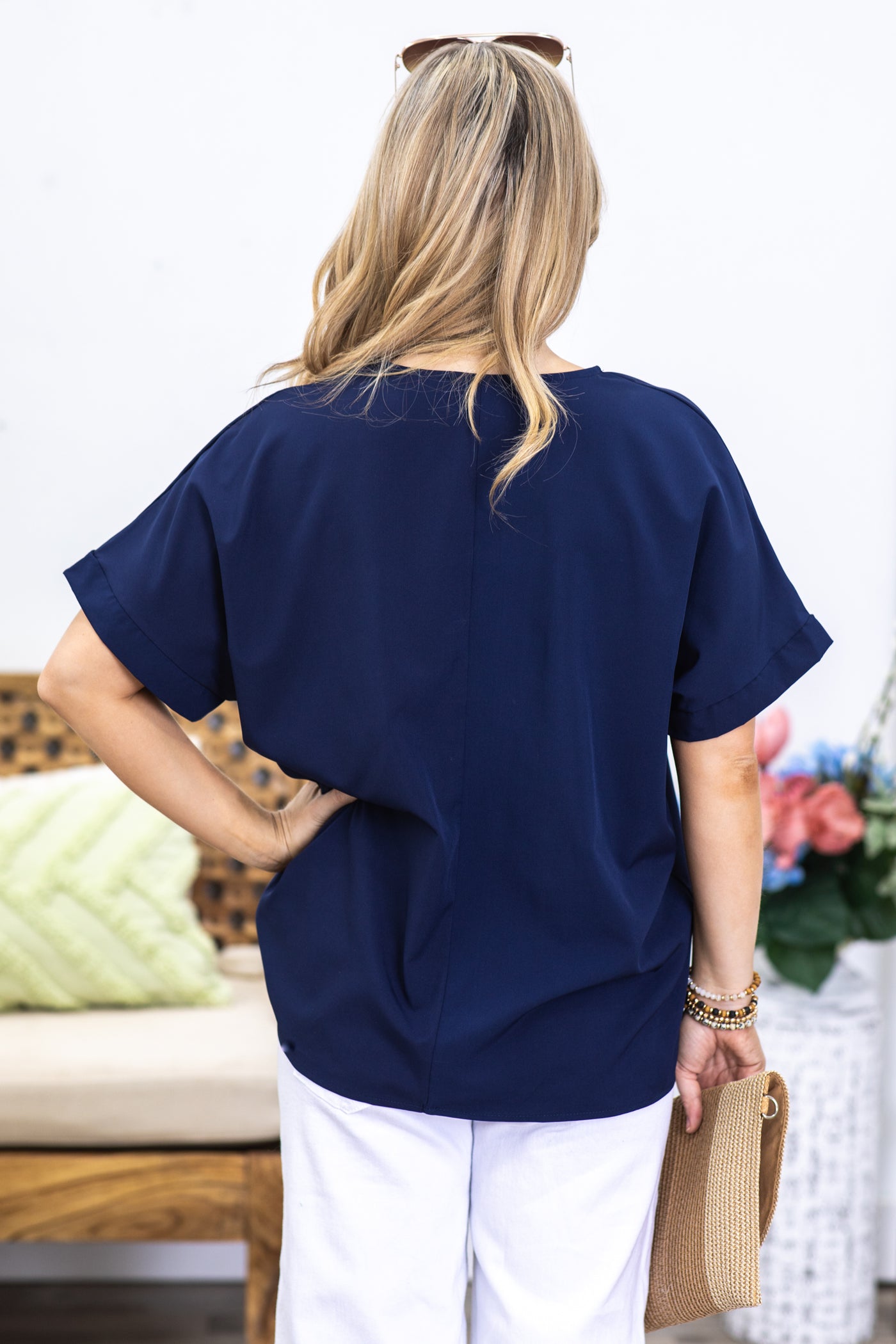 Navy Drop Shoulder Dolman Woven Top
