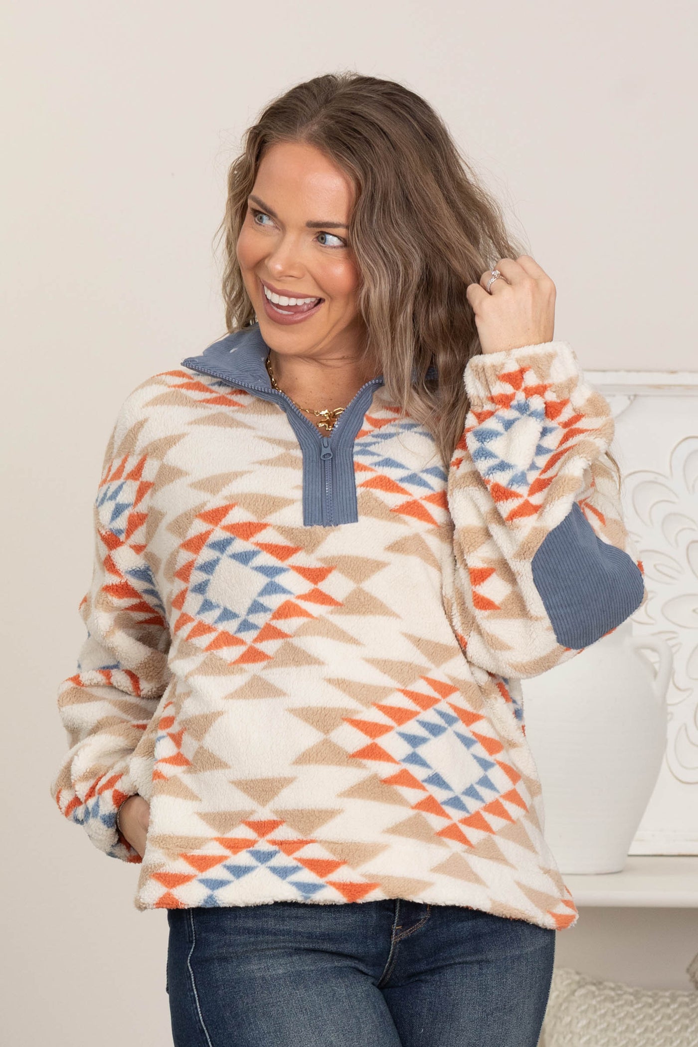 Slate Blue Quarter Zip Aztec Fleece Knit Top
