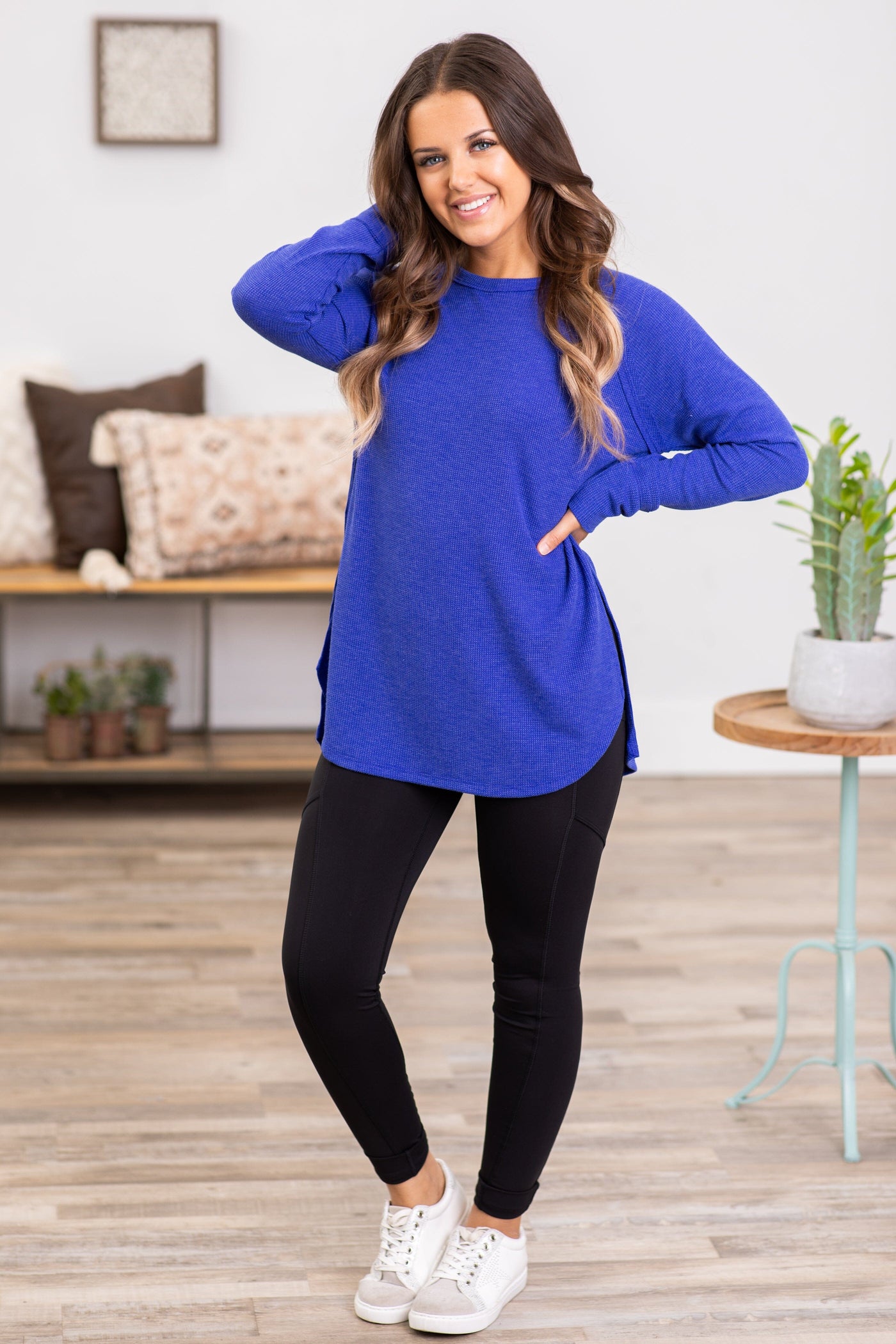 Cobalt Baby Waffle Knit Top With Side Slit - Filly Flair