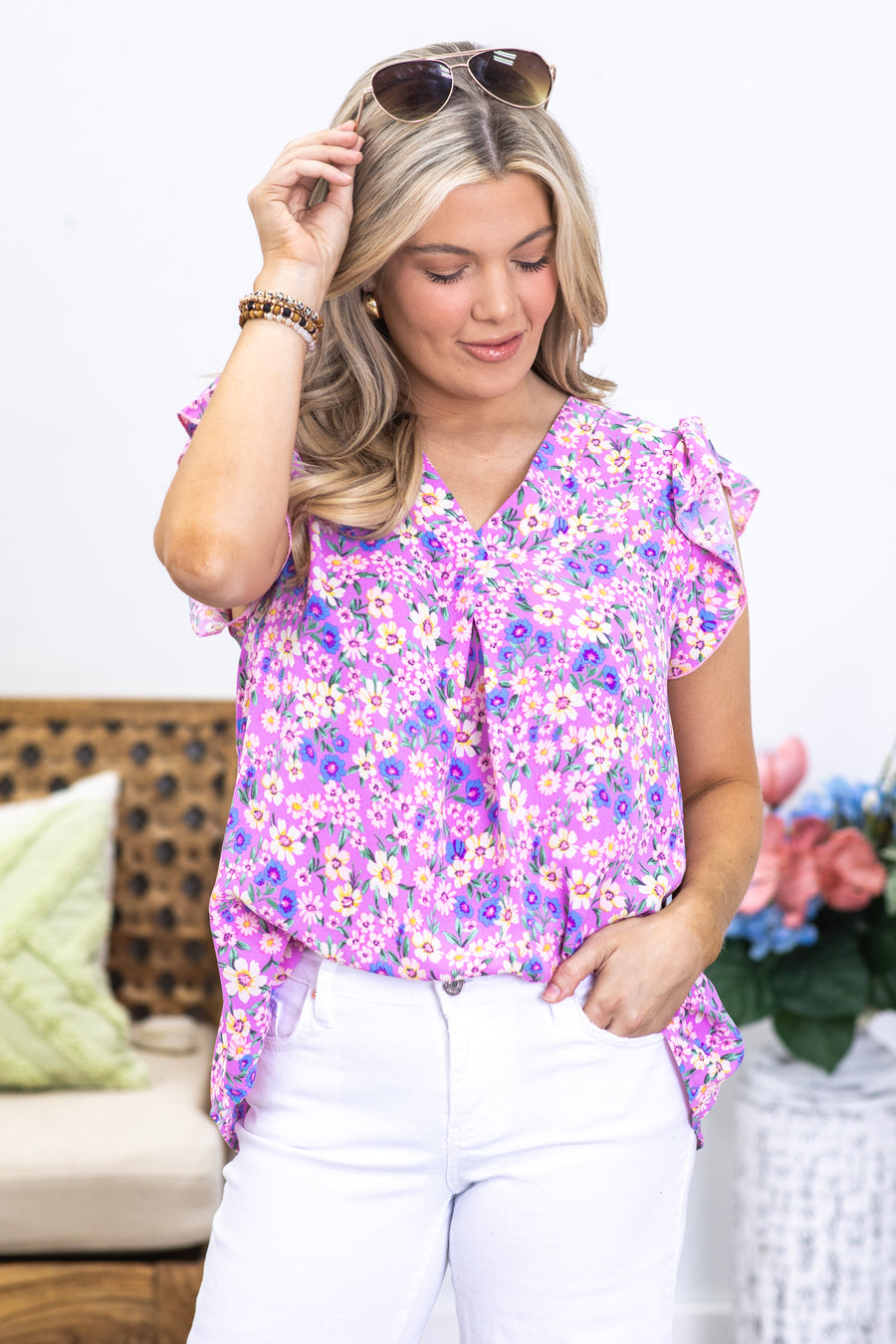 Orchid V-Neck Floral Woven Blouse Top