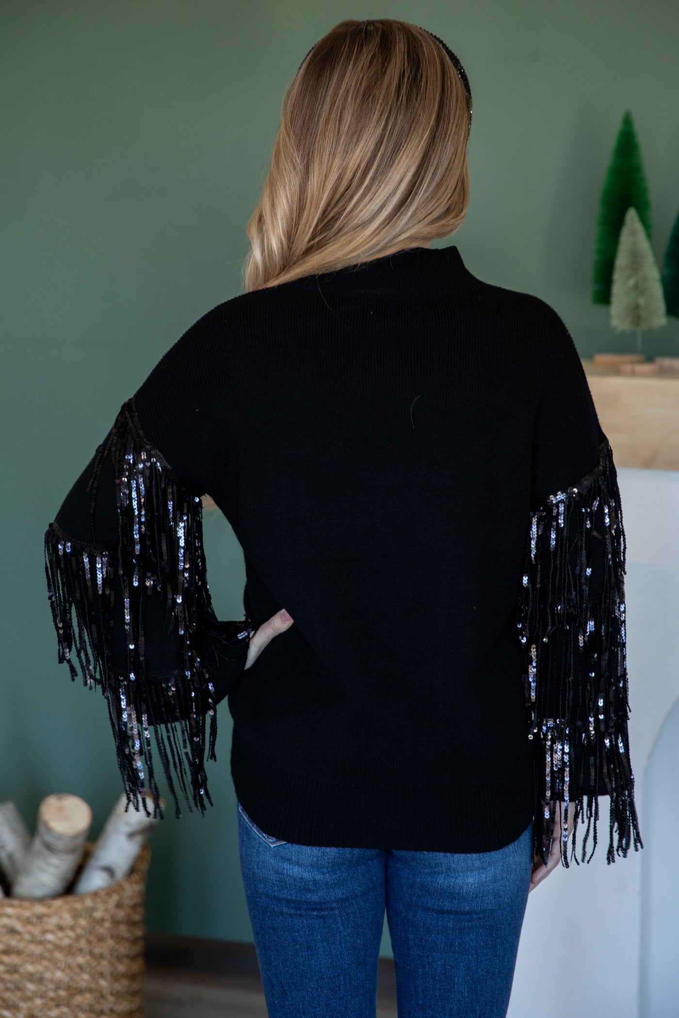 Black Sweater With Sequin Fringe Sleeves