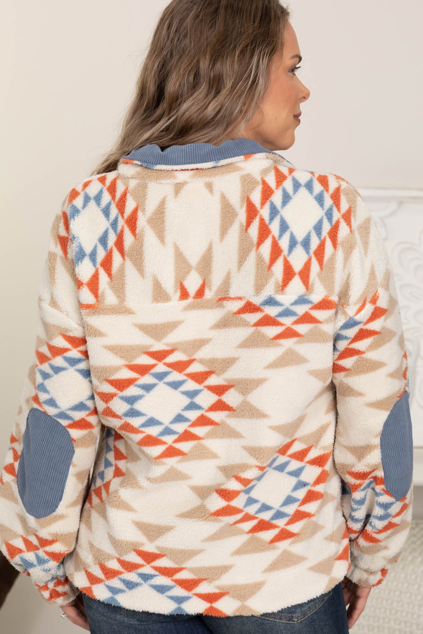 Slate Blue Quarter Zip Aztec Fleece Knit Top