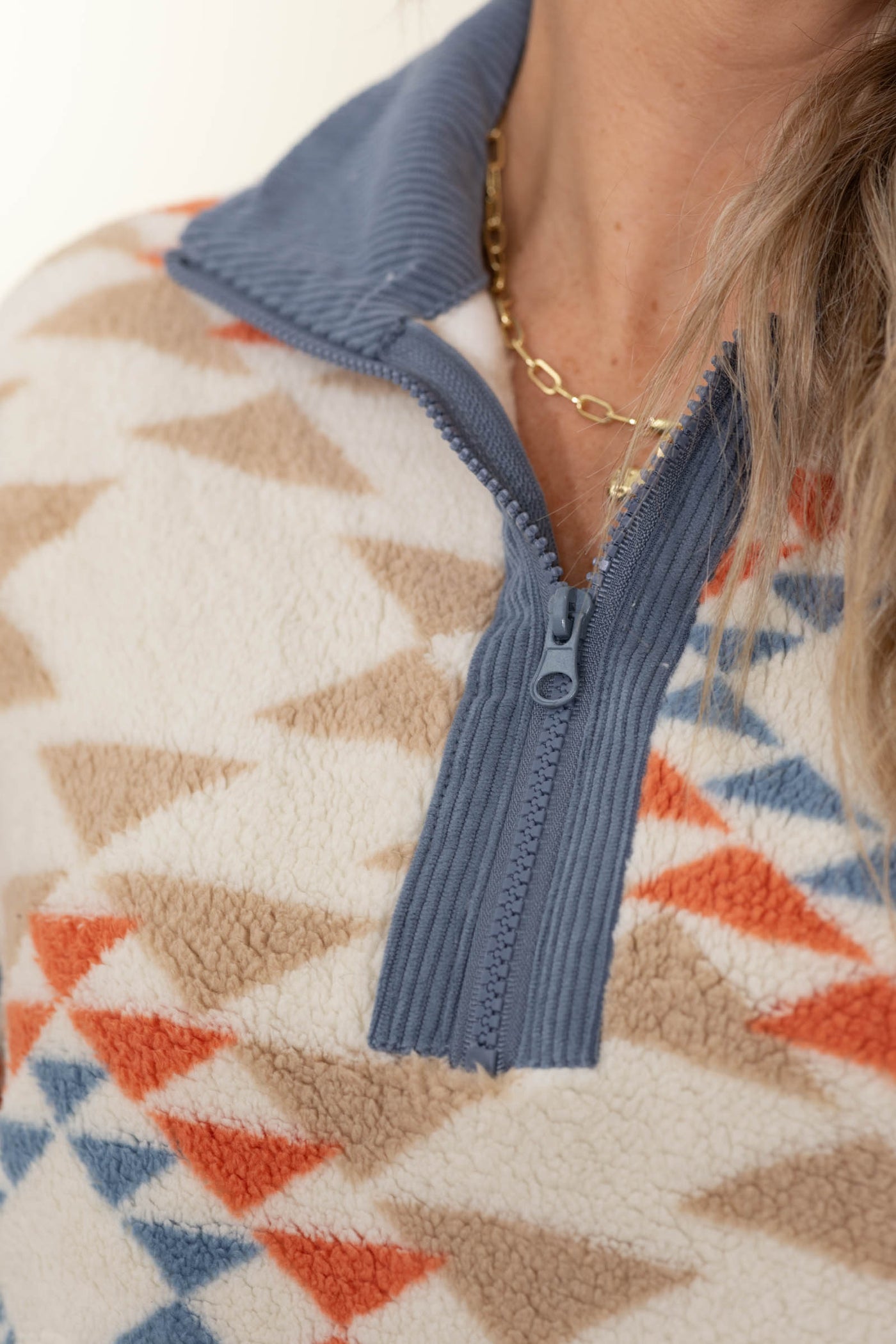 Slate Blue Quarter Zip Aztec Fleece Knit Top