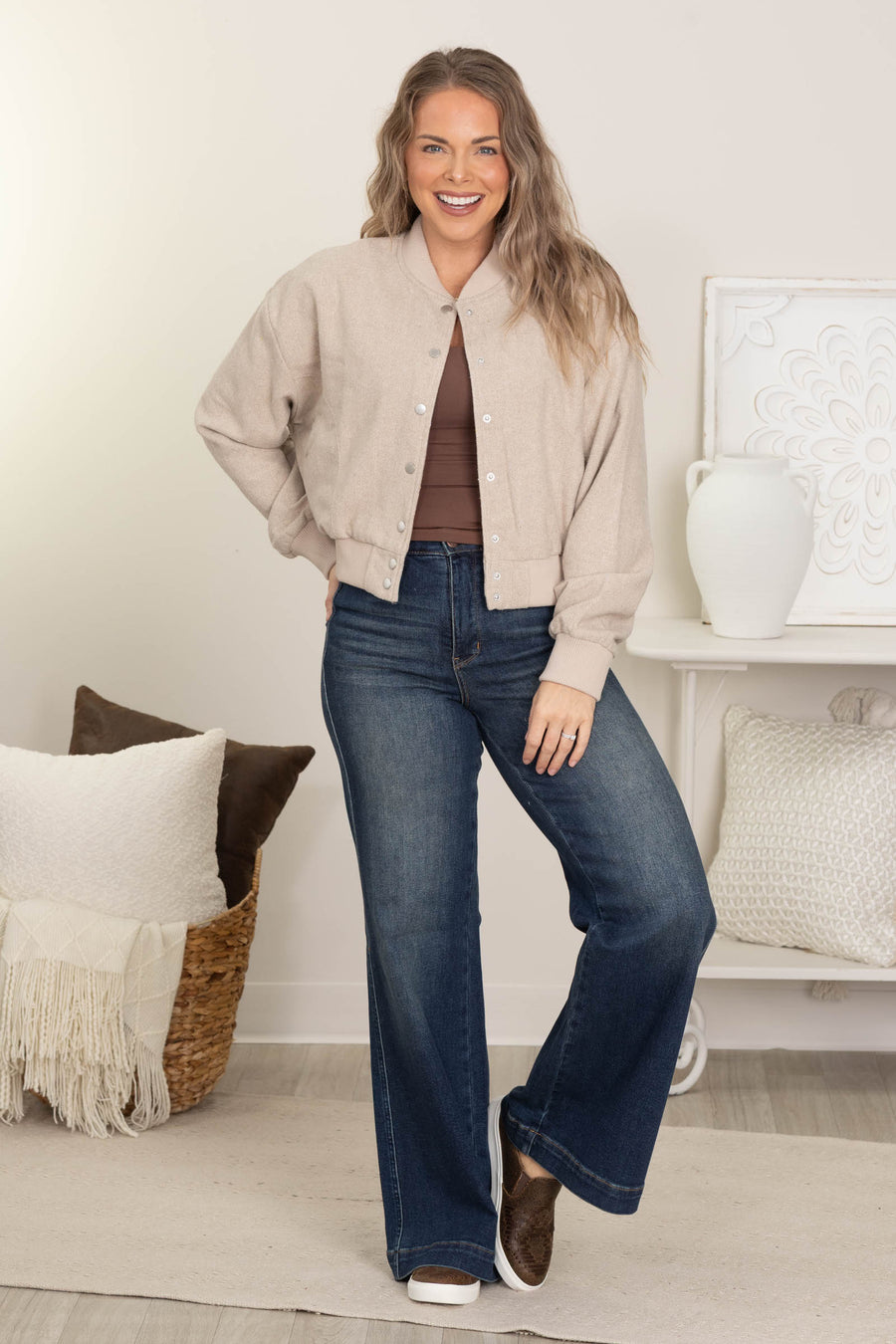 Beige Solid Snap Button Bomber Jacket