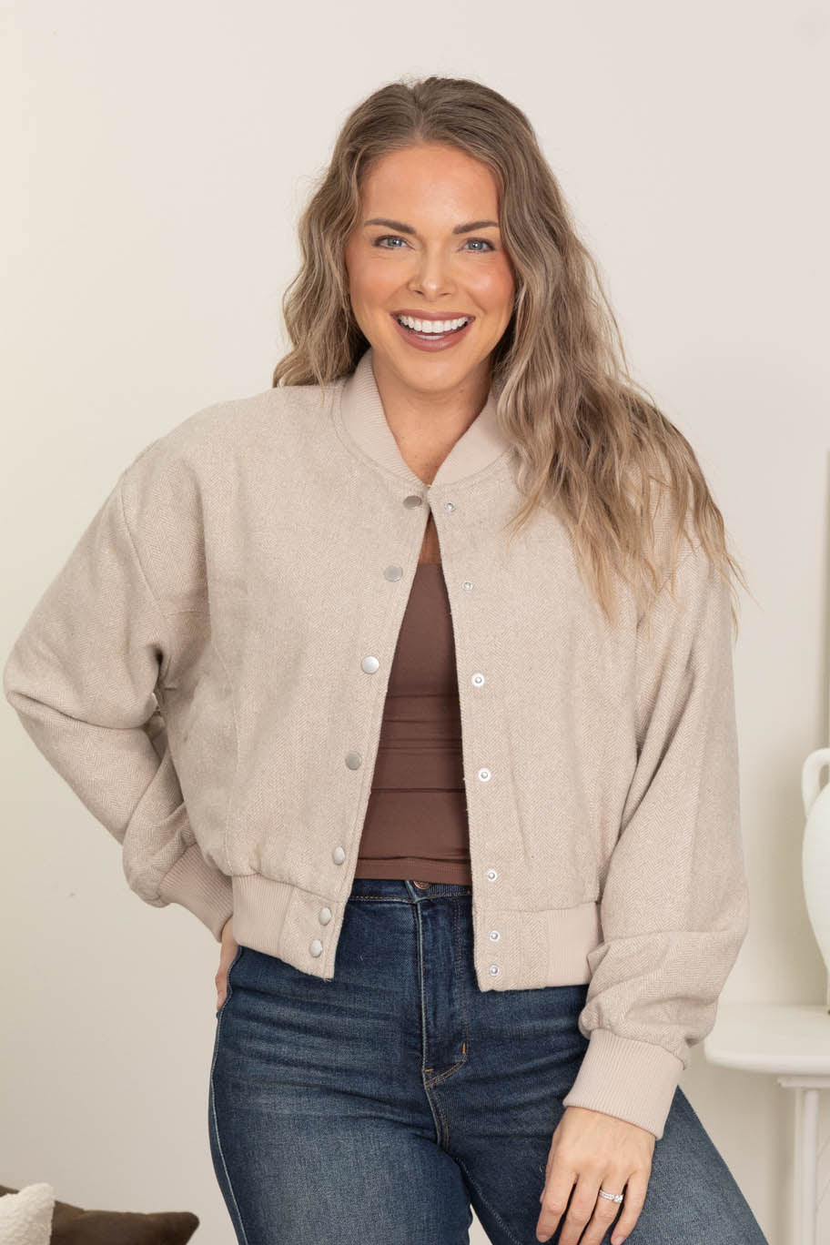 Beige Solid Snap Button Bomber Jacket
