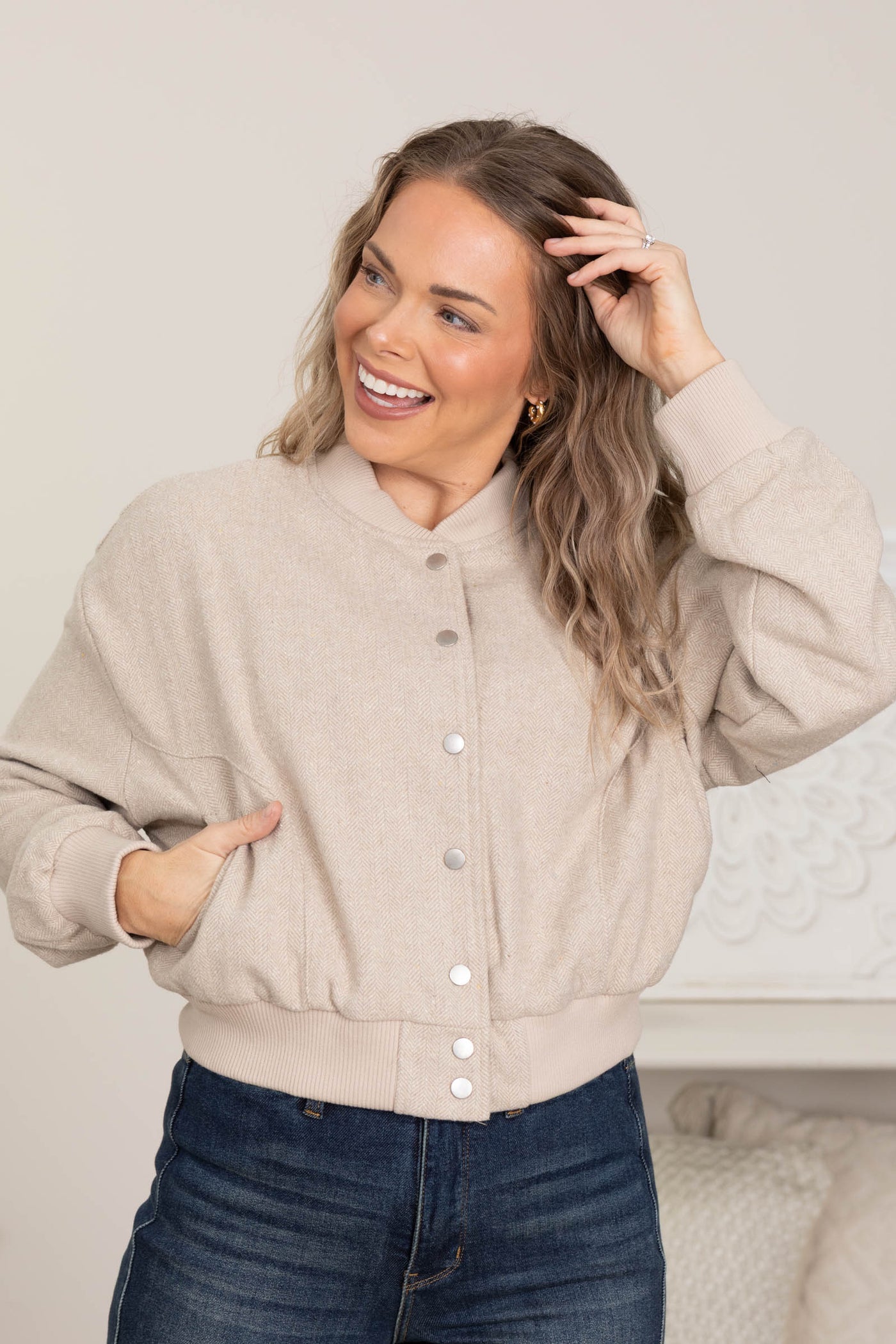 Beige Solid Snap Button Bomber Jacket