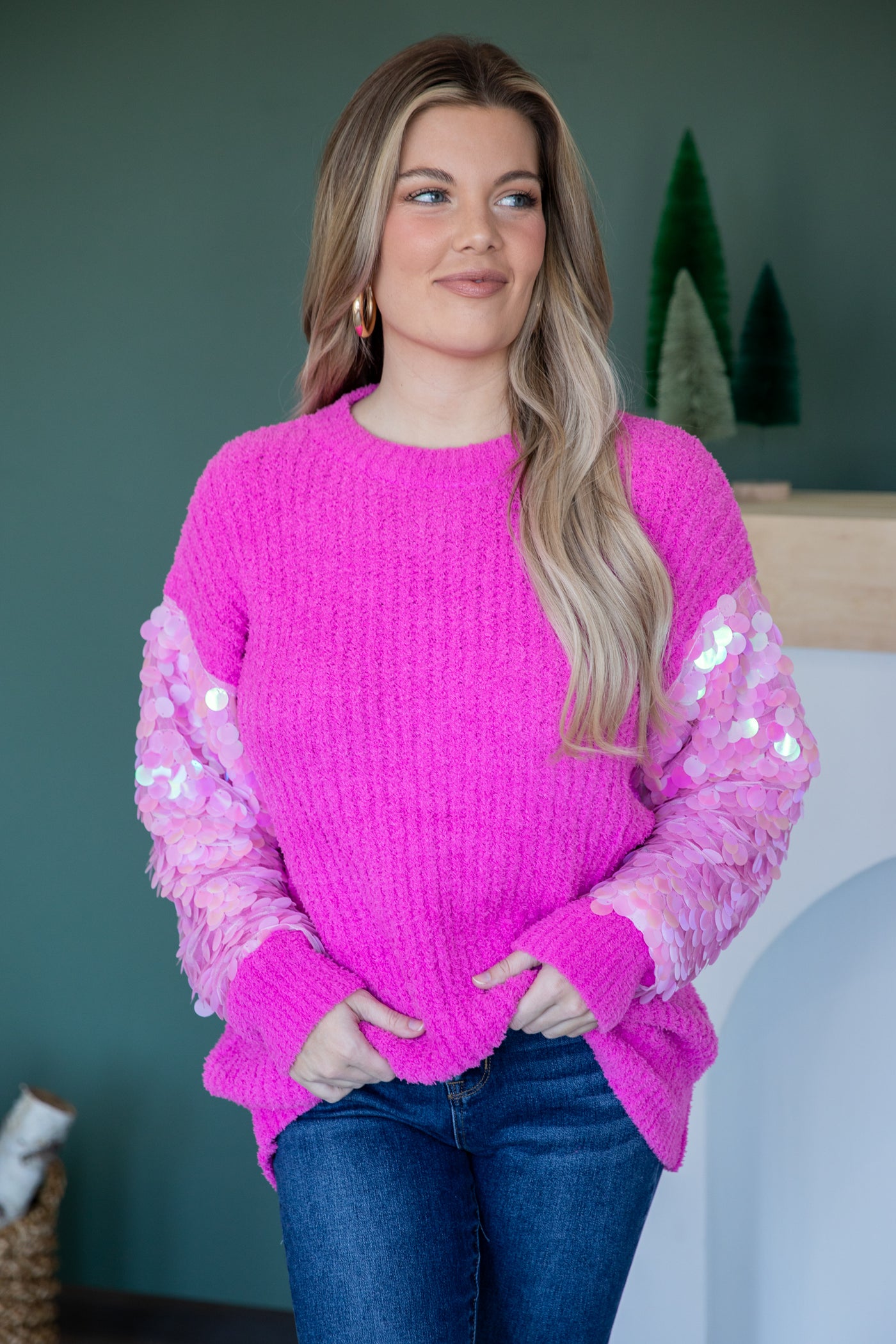 Pink Sweater With Pailette Sleeve Detail