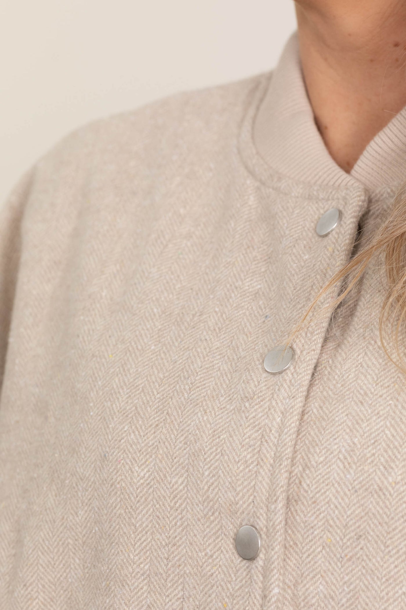 Beige Solid Snap Button Bomber Jacket