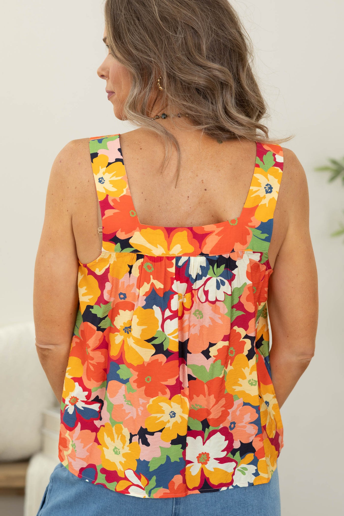 Staccato Floral Square Neck Woven Tank