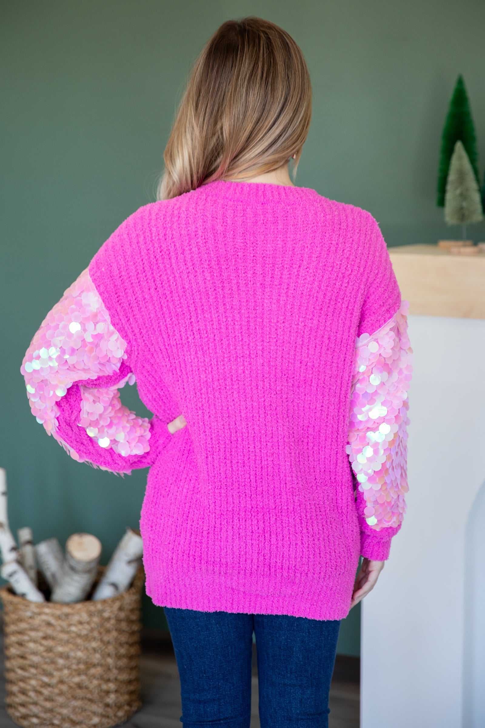 Pink Sweater With Pailette Sleeve Detail