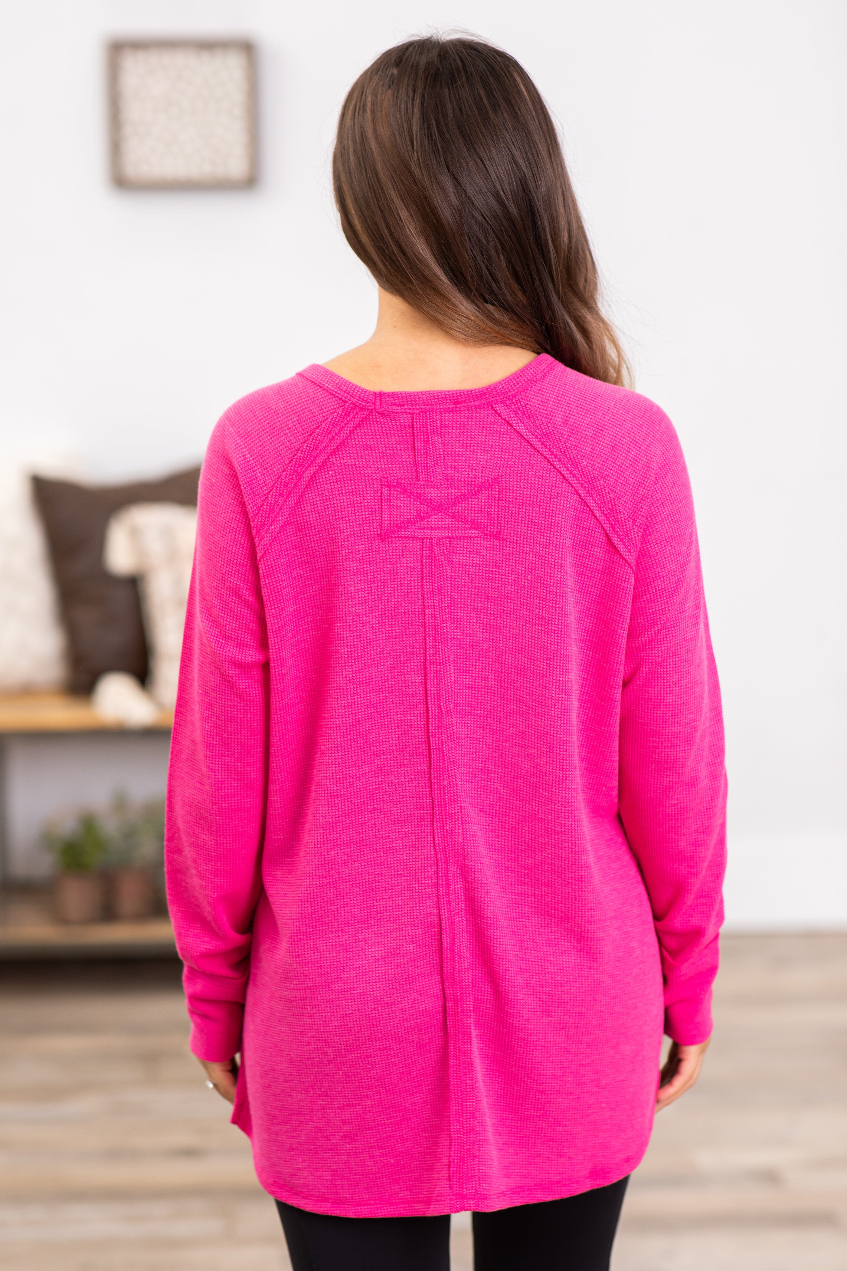 Hot Pink Baby Waffle Knit Top With Side Slit - Filly Flair