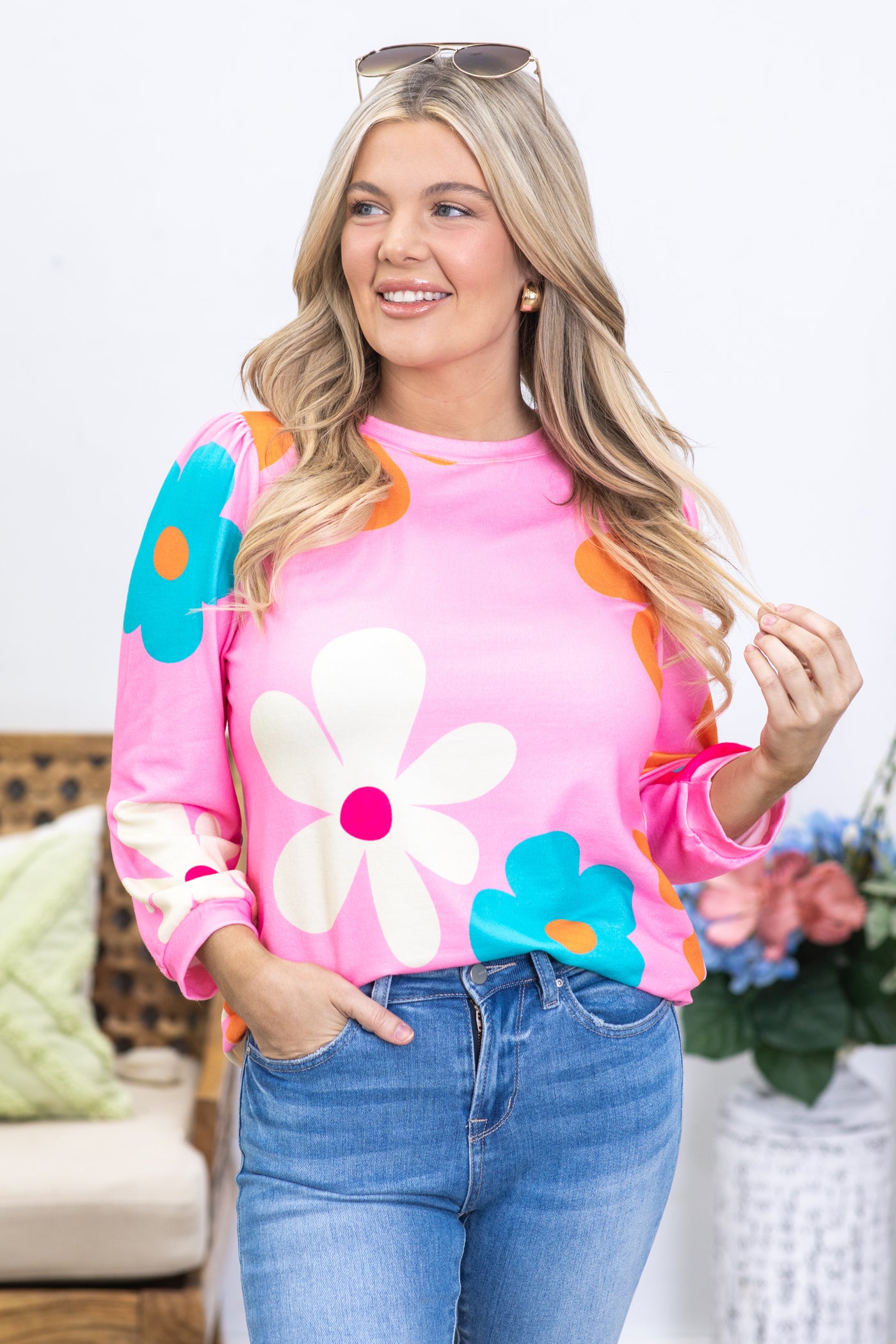 Pink Flower Print 3/4 Sleeve Knit Top