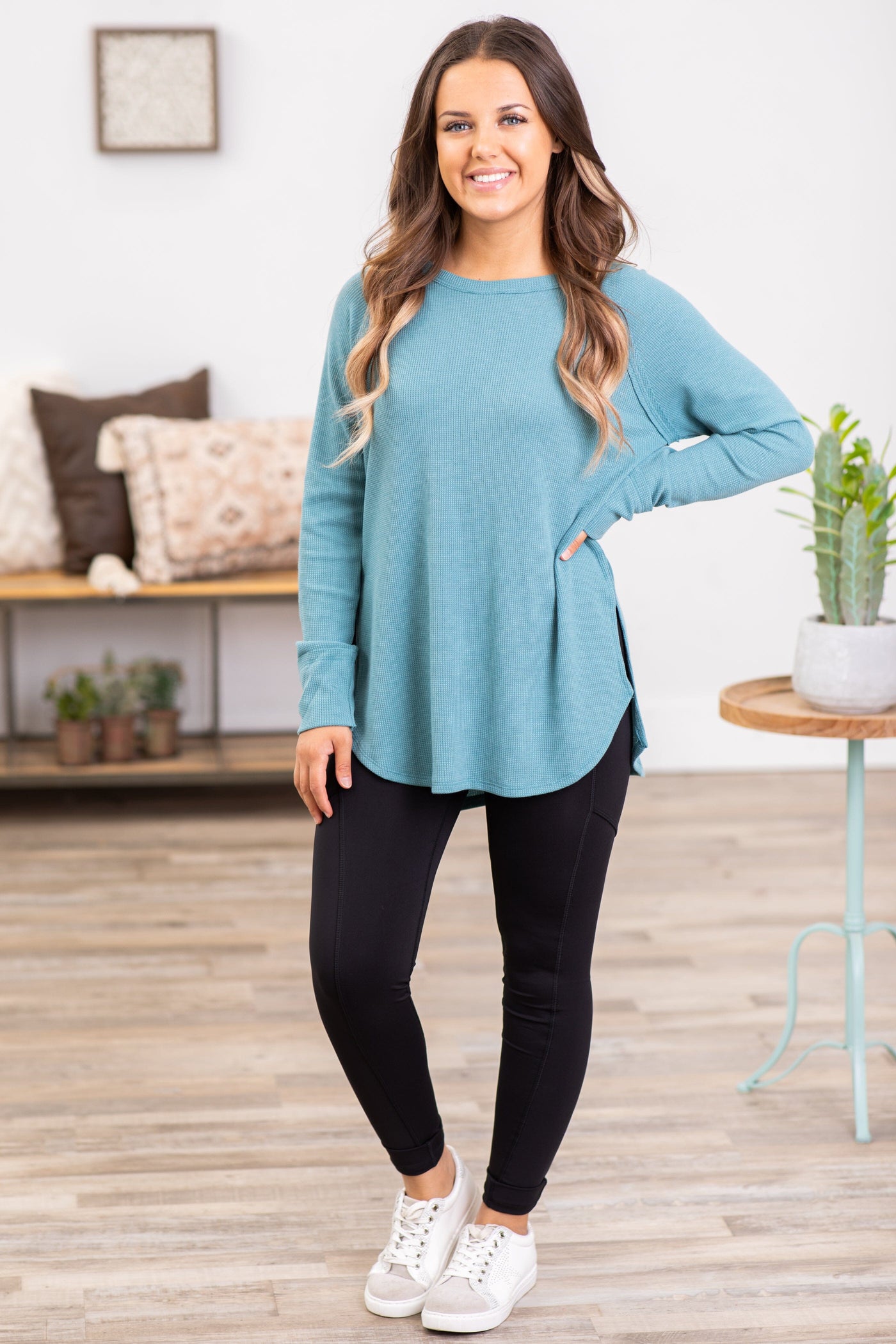 Dusty Teal Baby Waffle Knit Top With Side Slit - Filly Flair