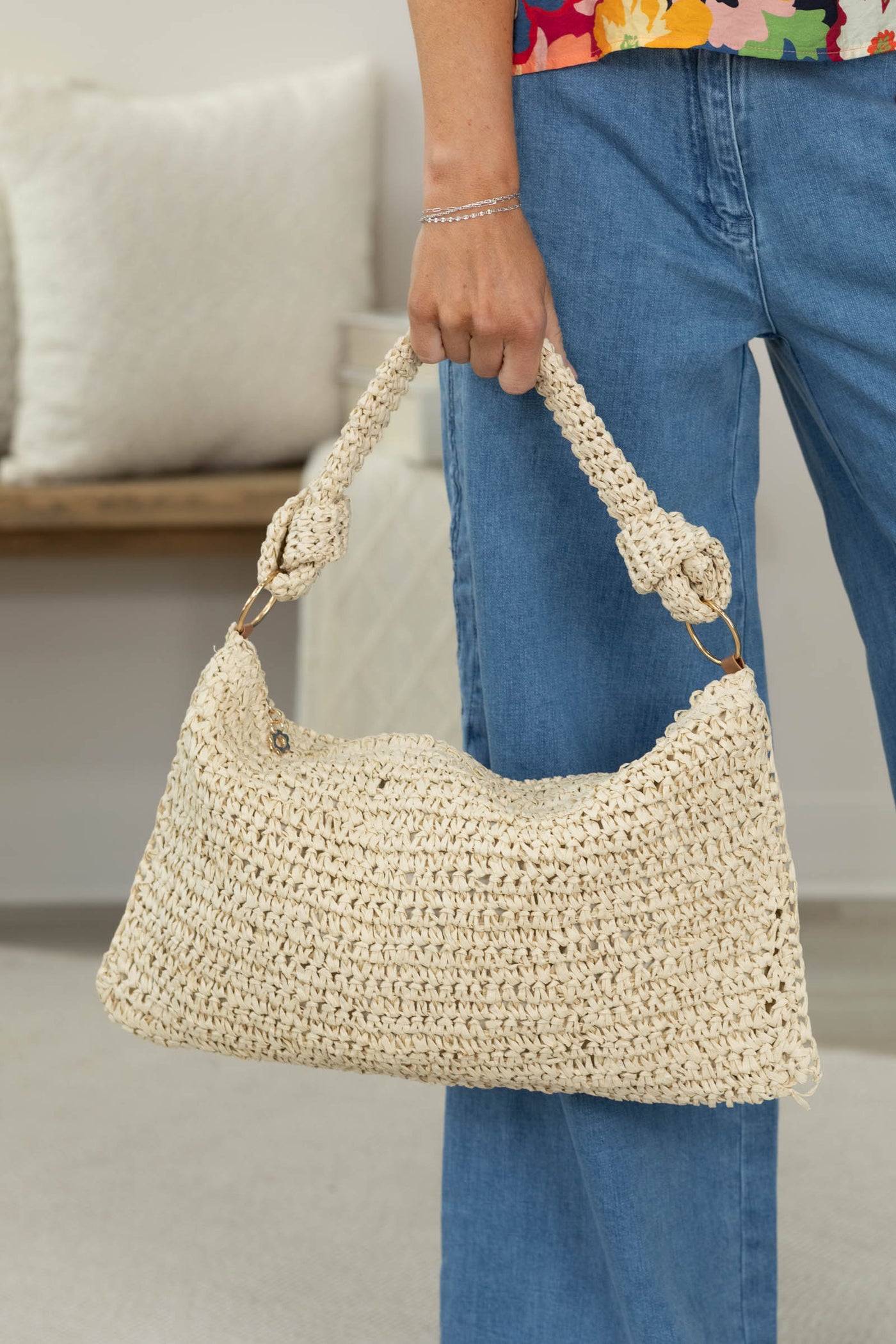Braided Handle Straw Handbag