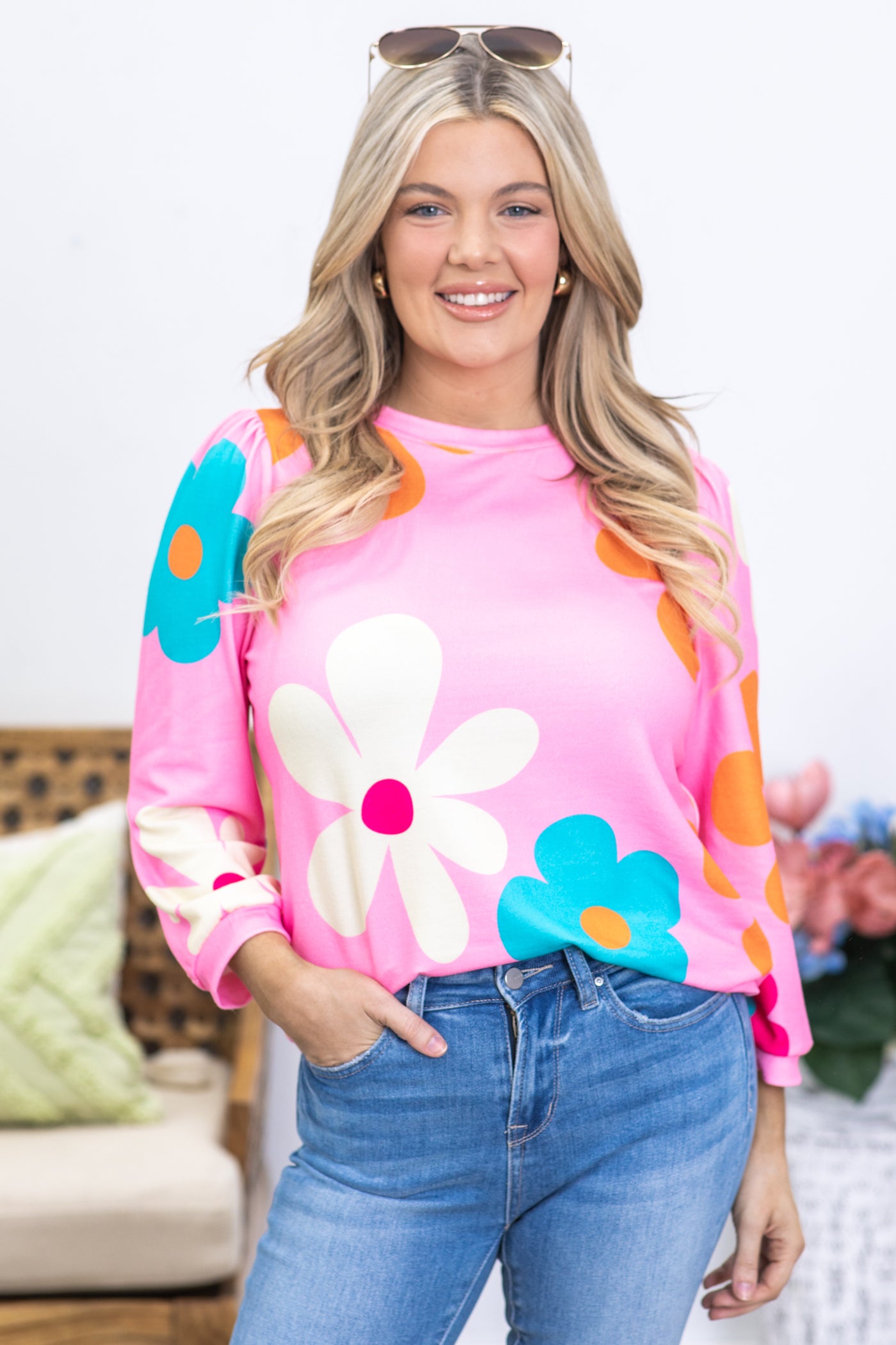 Pink Flower Print 3/4 Sleeve Knit Top