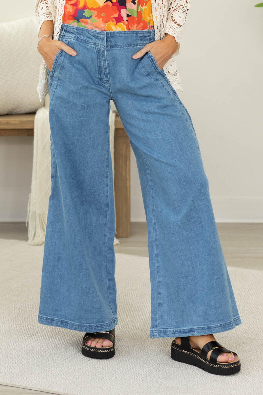 Denim Wavy Side Edge Detail Wide Leg Jeans