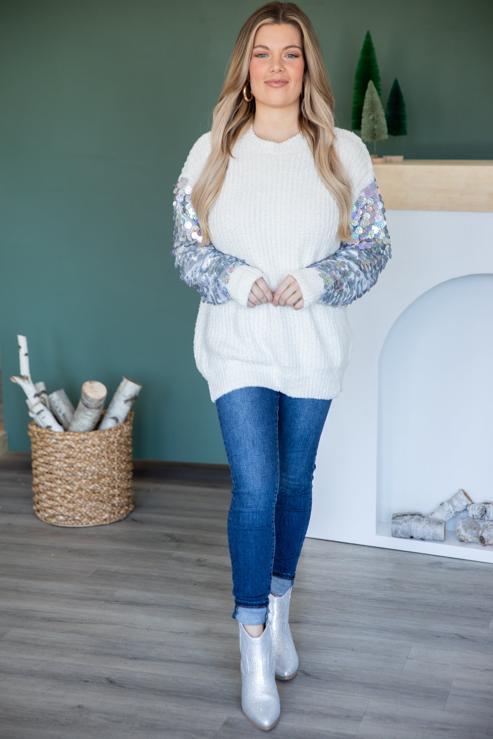Ivory Sweater With Pailette Sleeve Detail