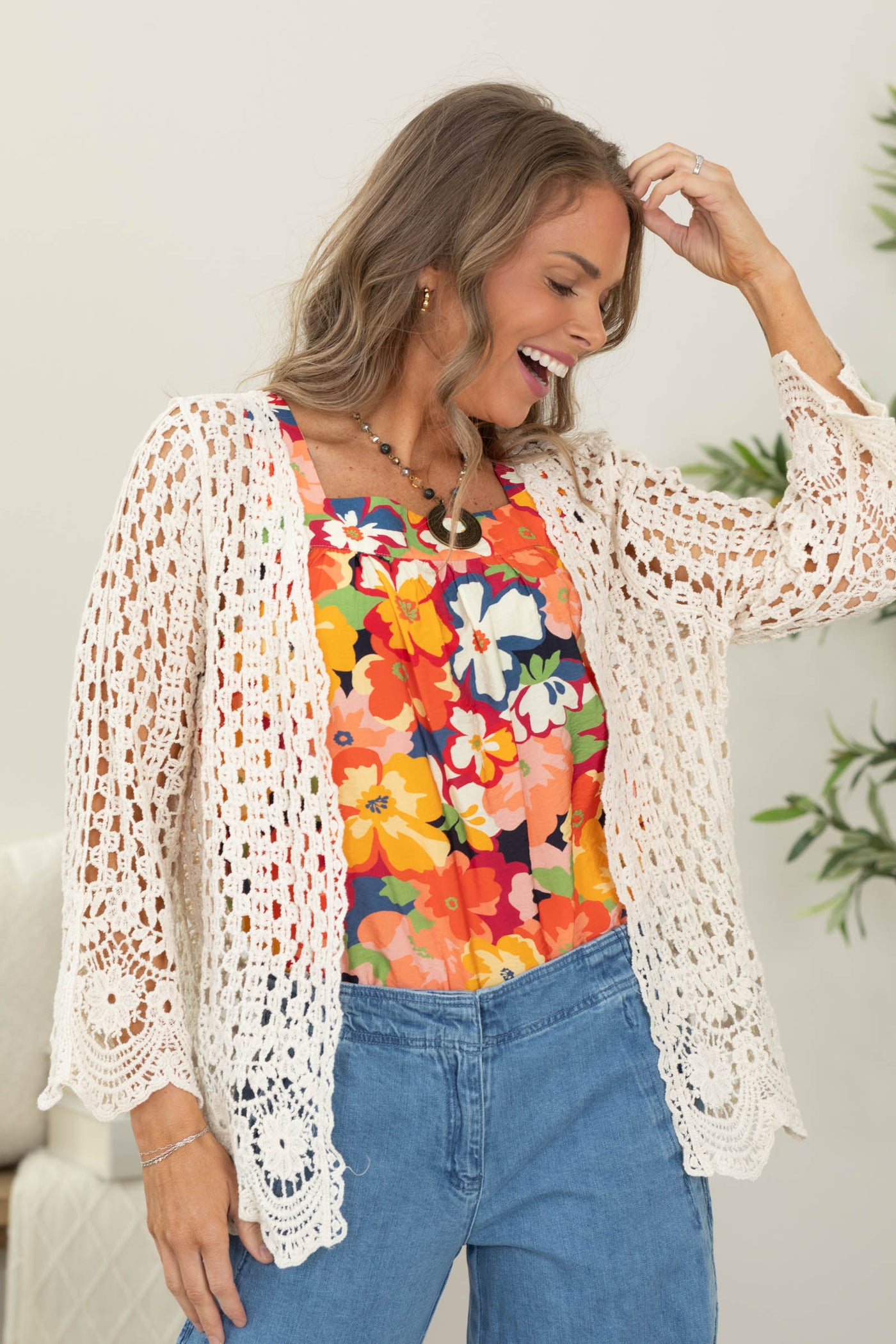 Beige Crochet Cardigan With Scallop Hem