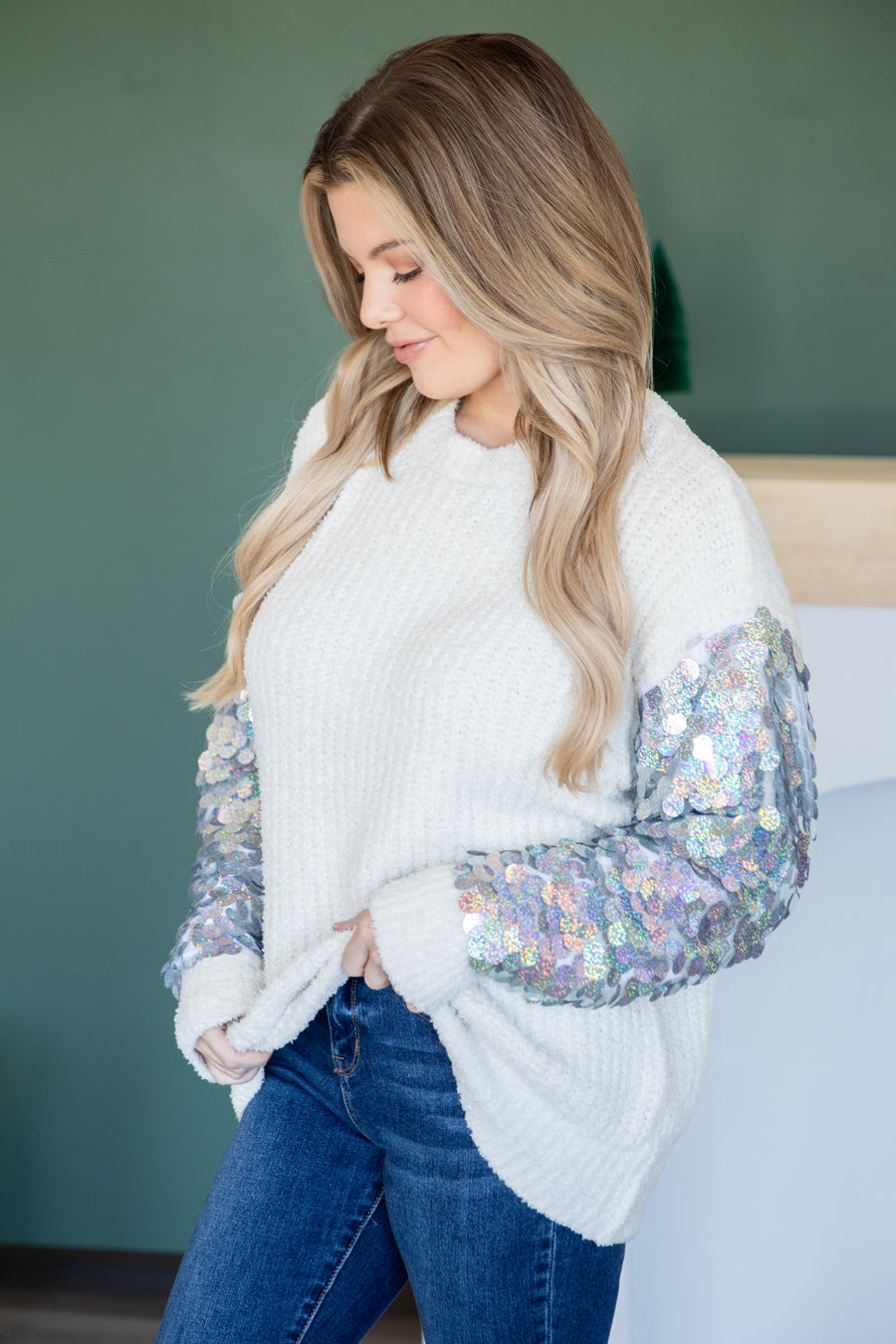 Ivory Sweater With Pailette Sleeve Detail