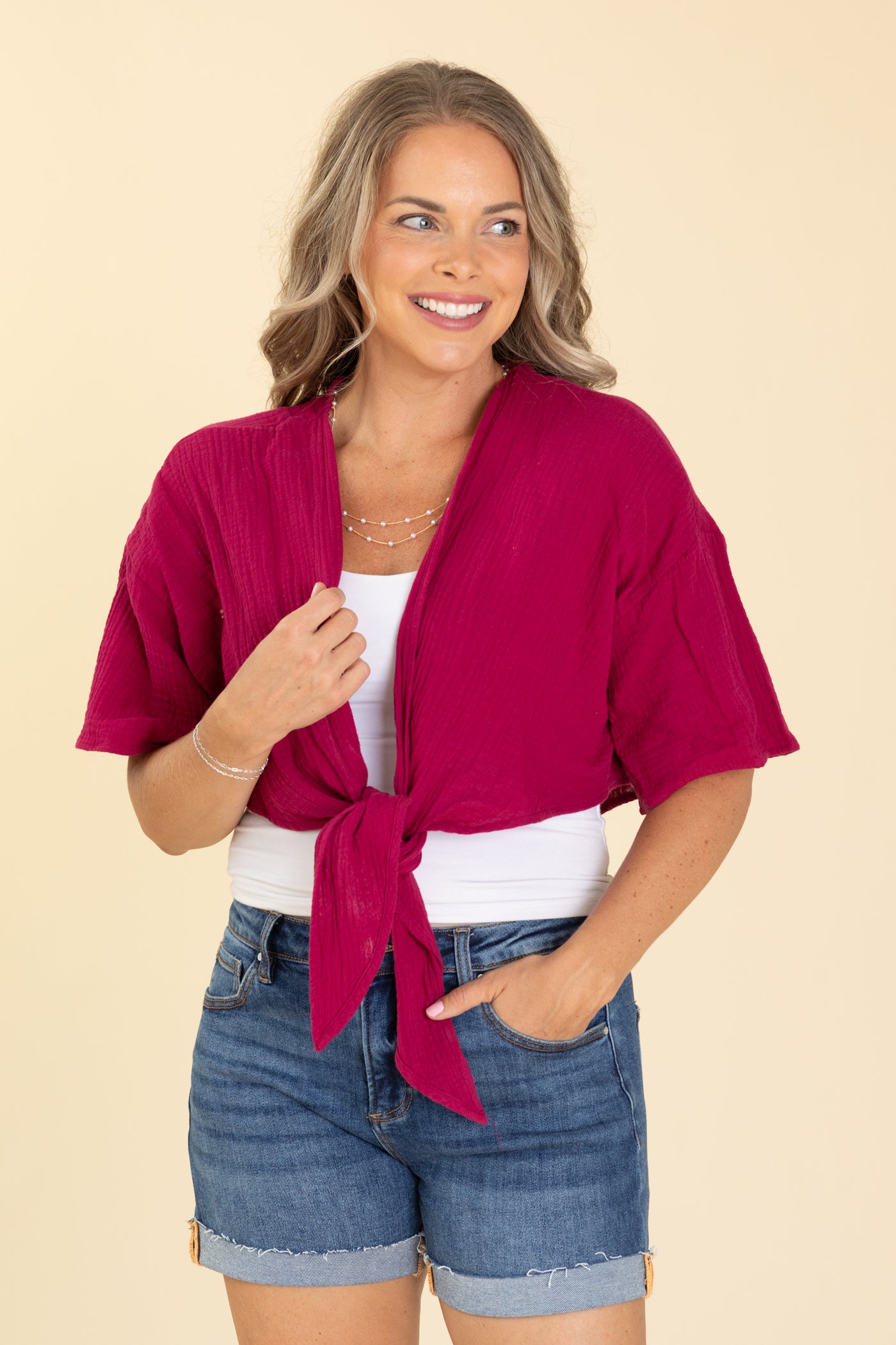 Raspberry Gauze Tie Front Top