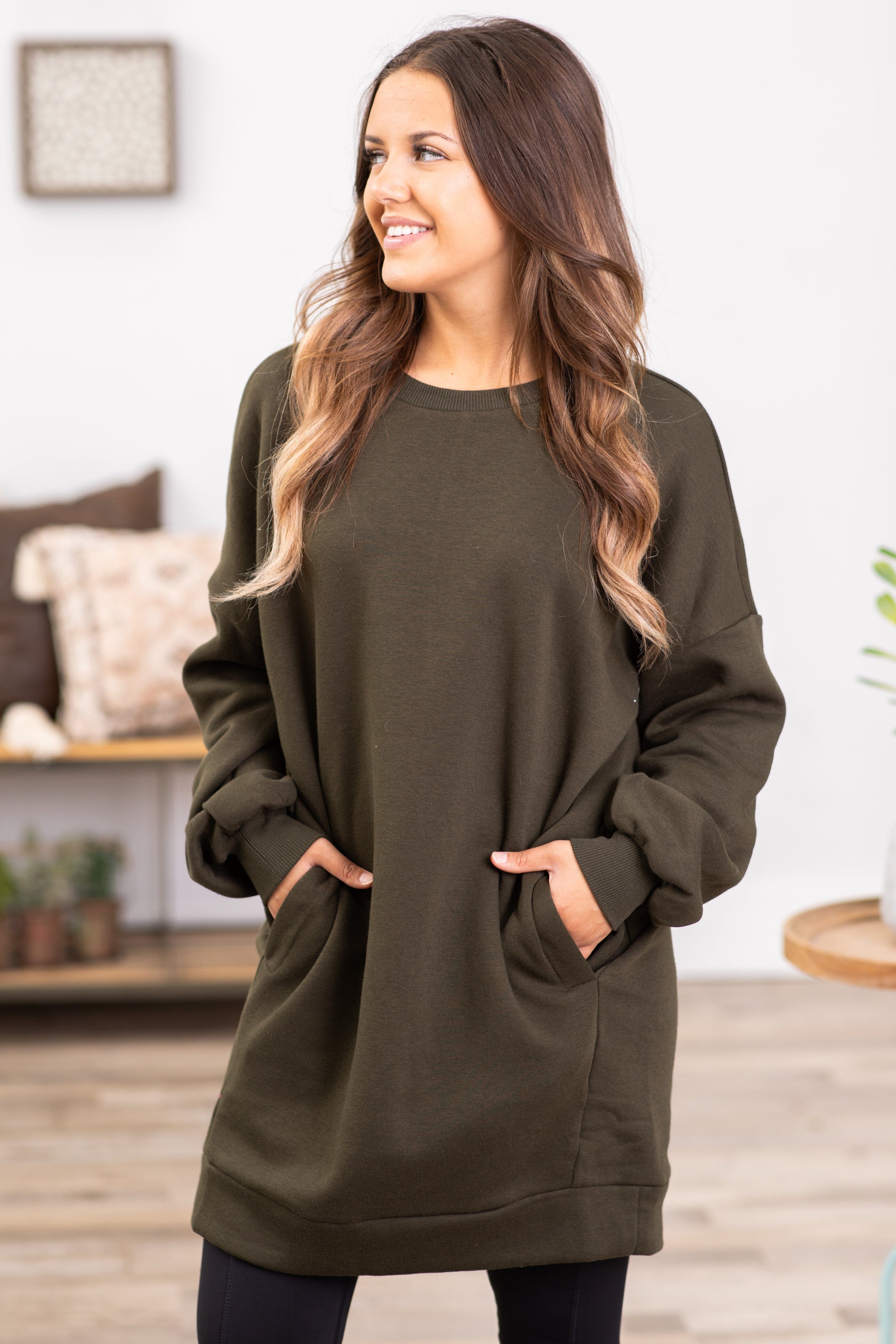 Olive Tunic Length Sweatshirt With Pockets - Filly Flair