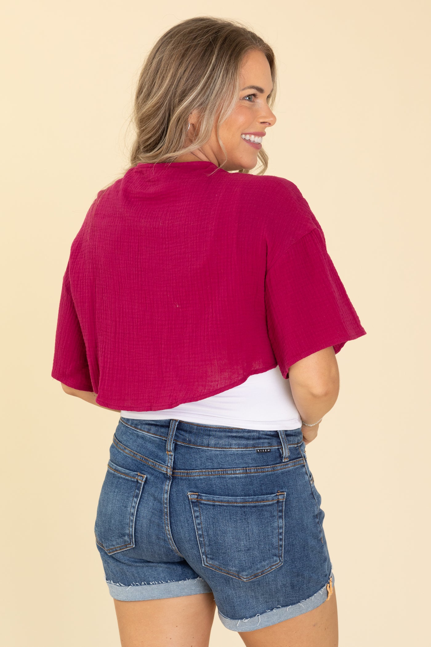 Raspberry Gauze Tie Front Top