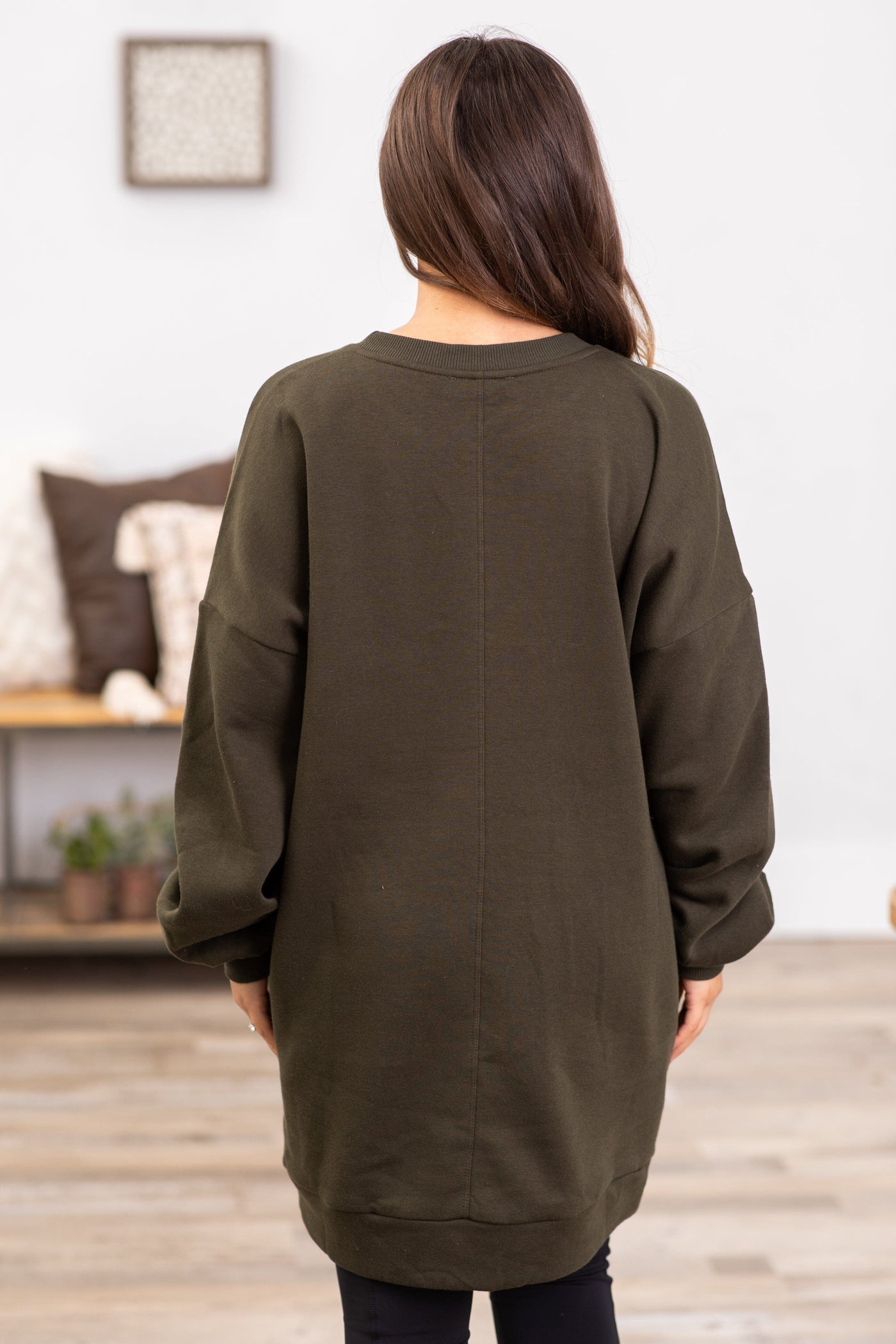 Olive Tunic Length Sweatshirt With Pockets - Filly Flair