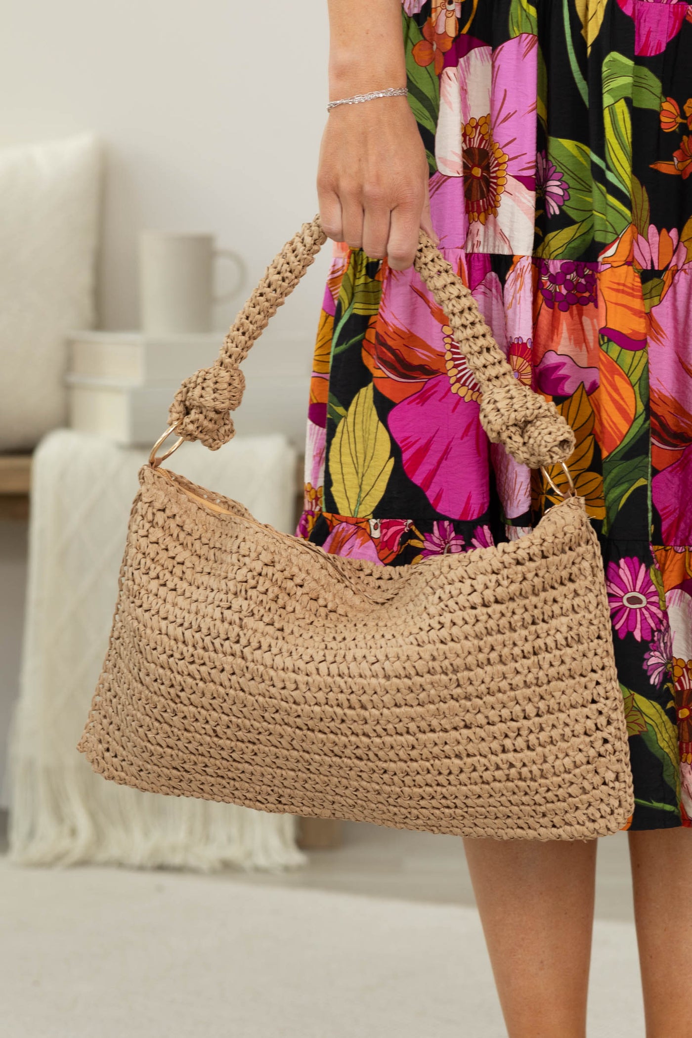 Braided Handle Straw Handbag