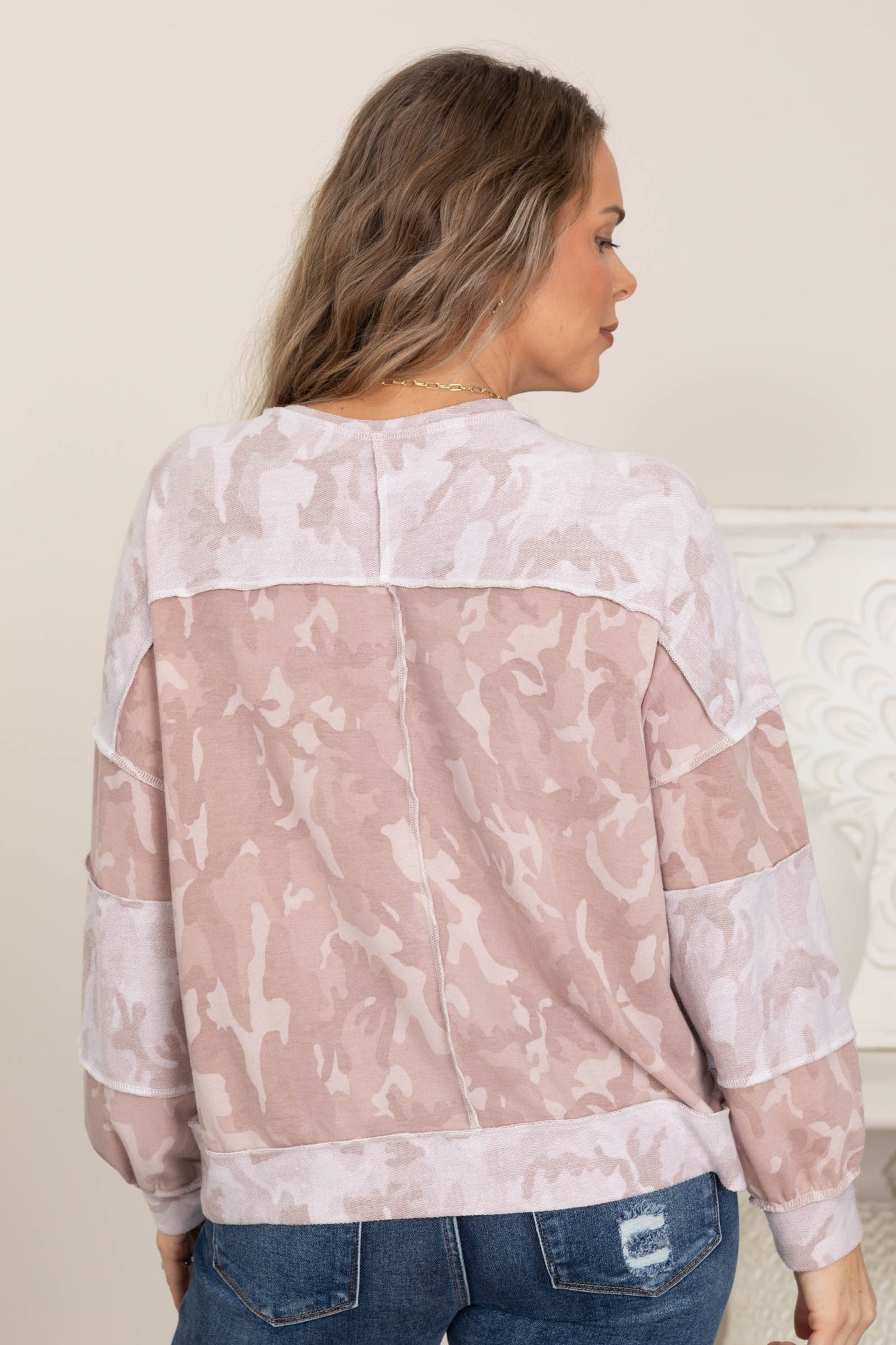 Dusty Pink Camouflage Knit Top With Pocket