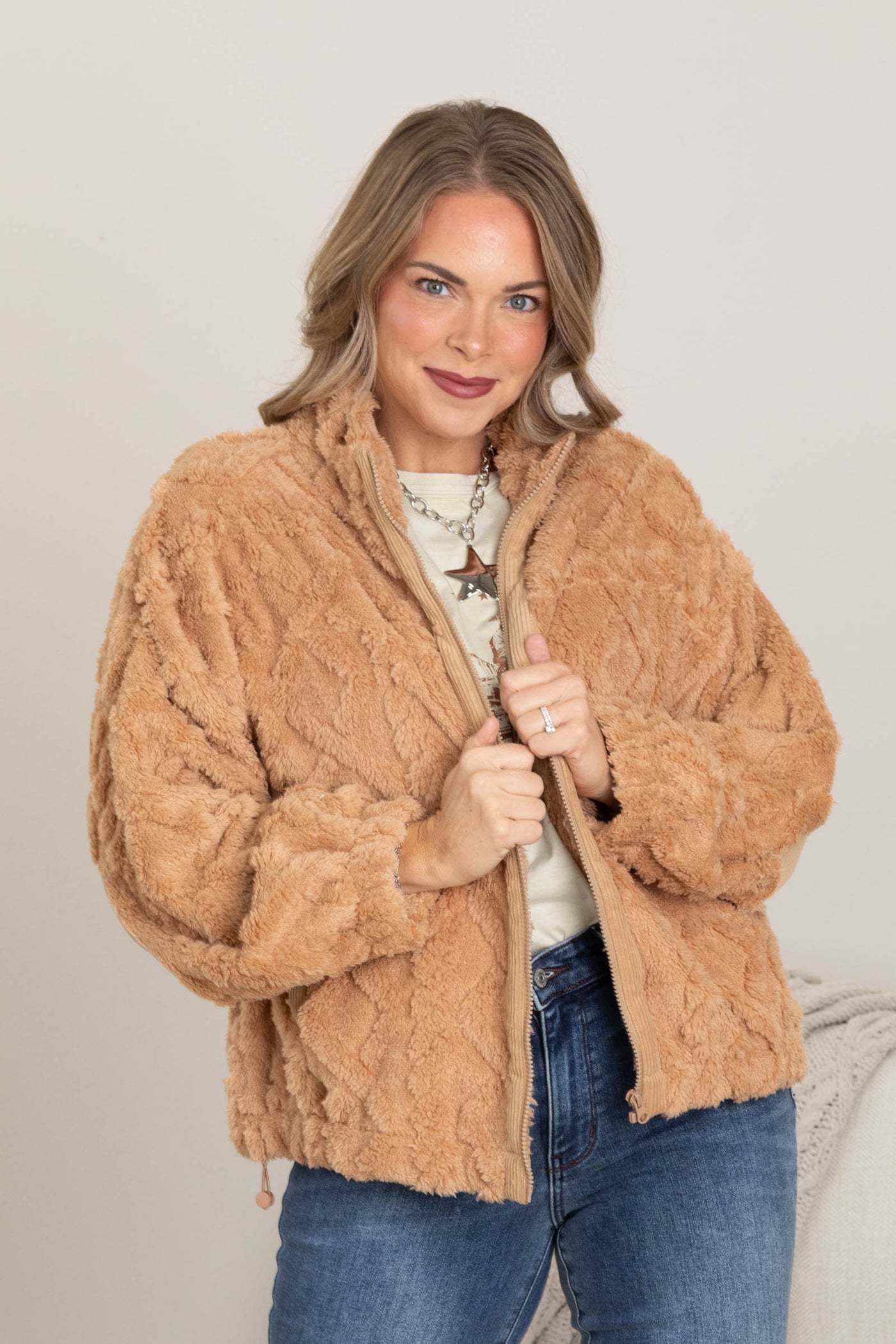 Camel Fuzzy Fleece Cable Pattern Jacket