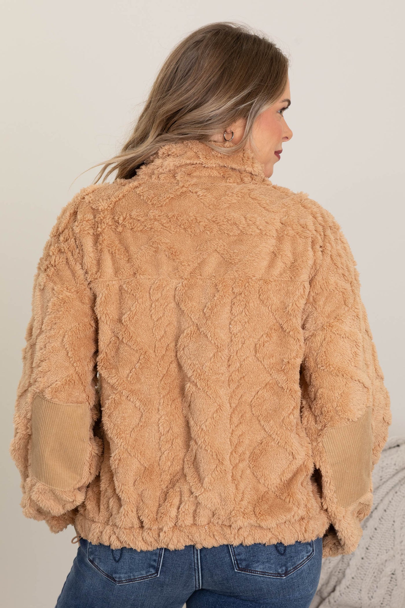 Camel Fuzzy Fleece Cable Pattern Jacket