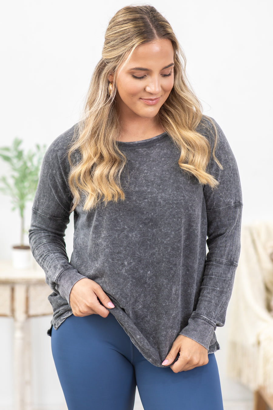 Charcoal Washed Scoop Neck Long Sleeve Top