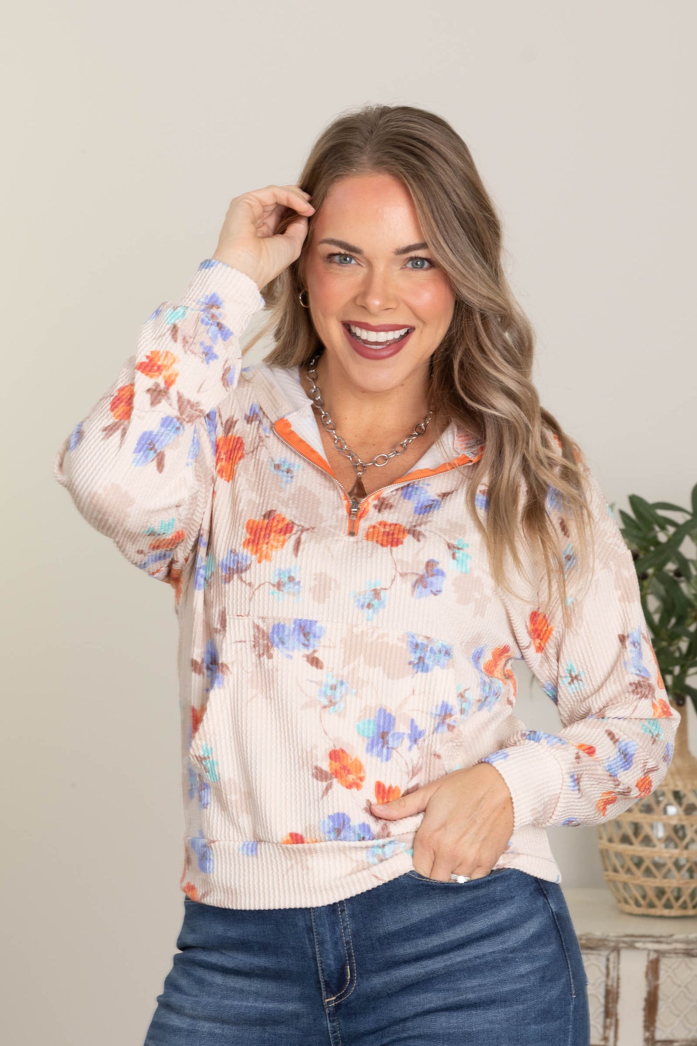 Beige Floral Ribbed Hoodie Knit Top