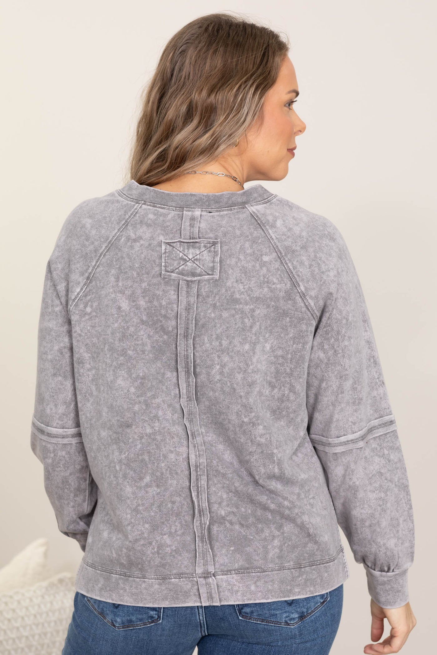 Washed V-Neck Exposed Seam Knit Tops