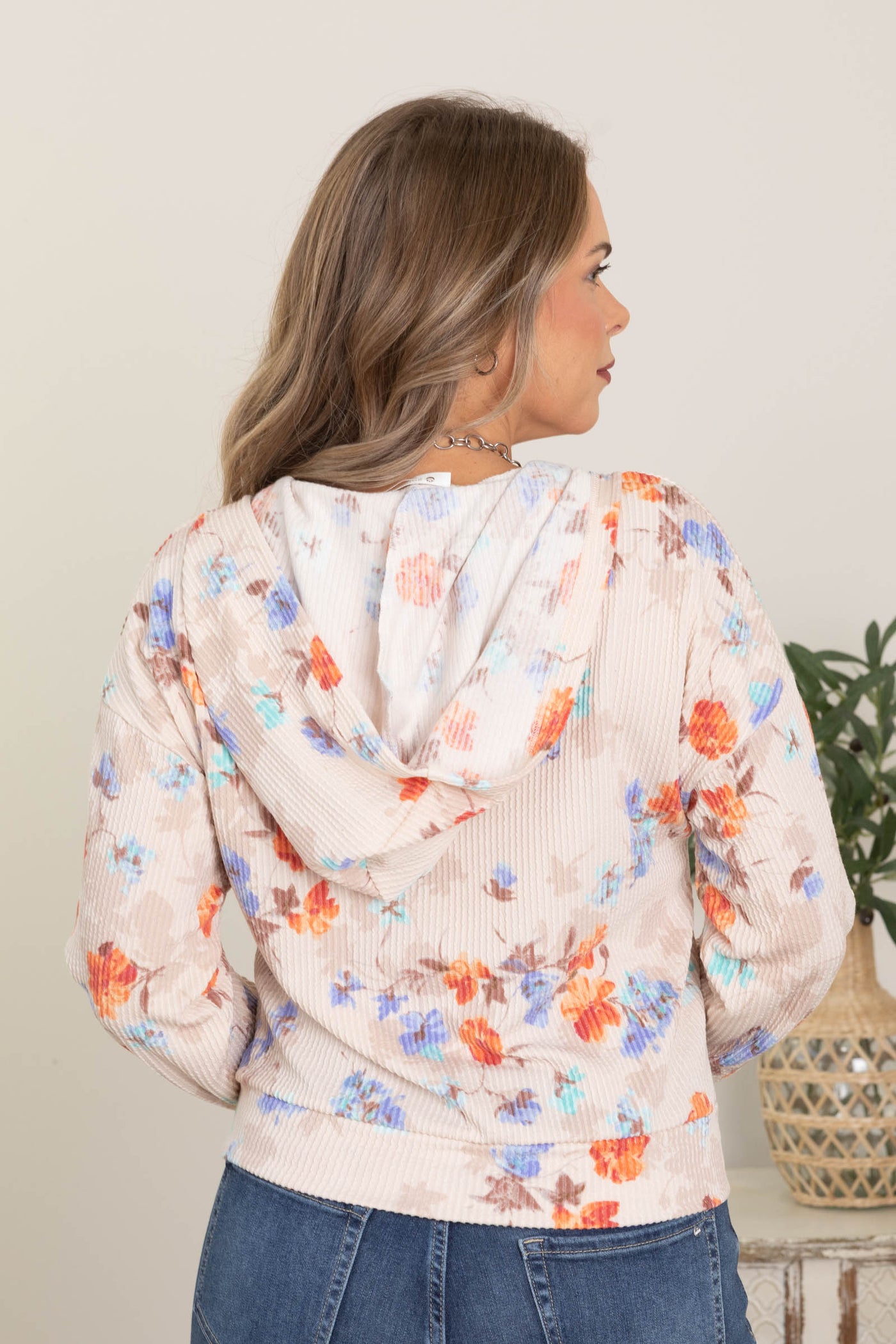 Beige Floral Ribbed Hoodie Knit Top