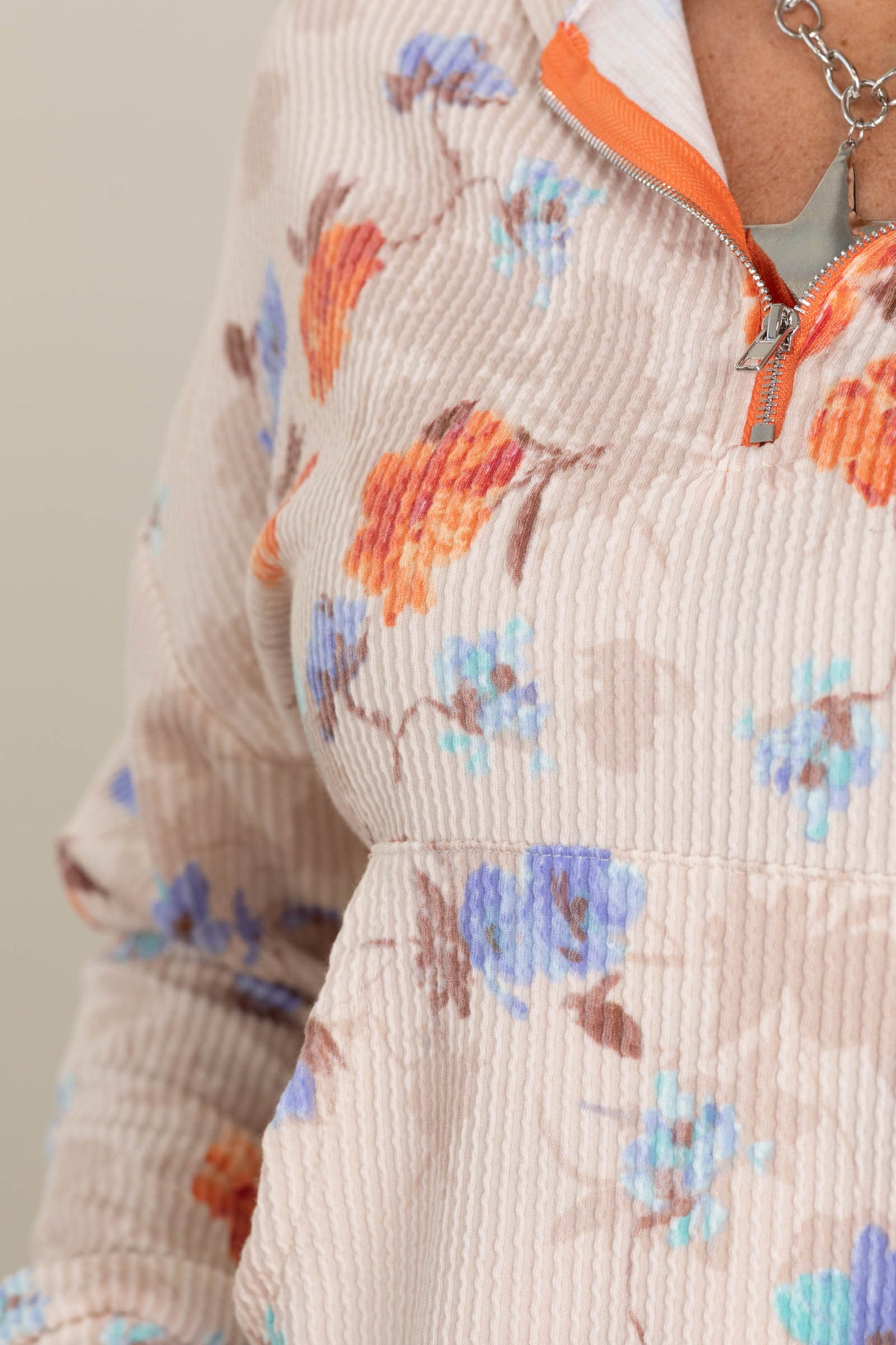 Beige Floral Ribbed Hoodie Knit Top