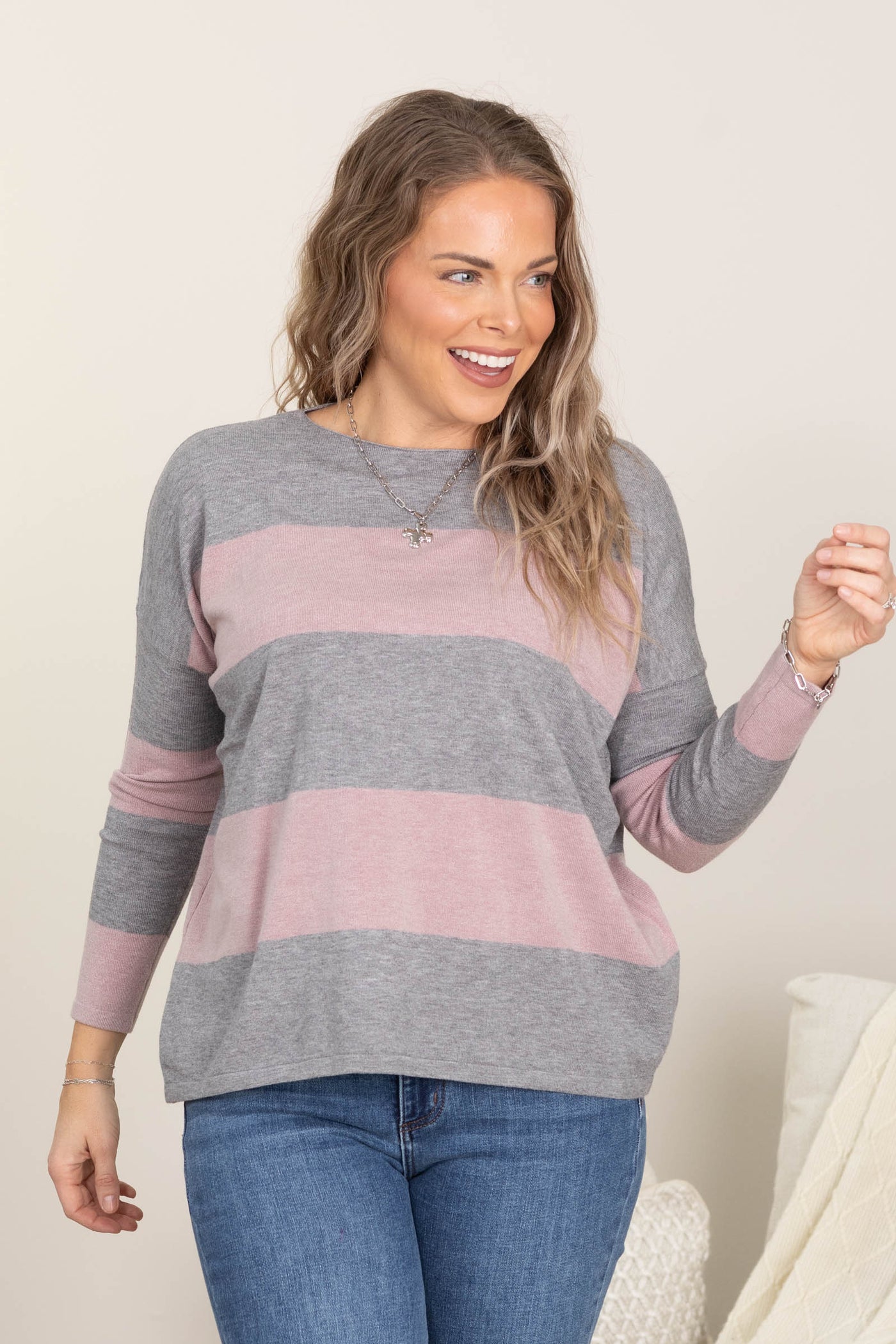 Boat Neck Soft Striped Knit Sweater Tops