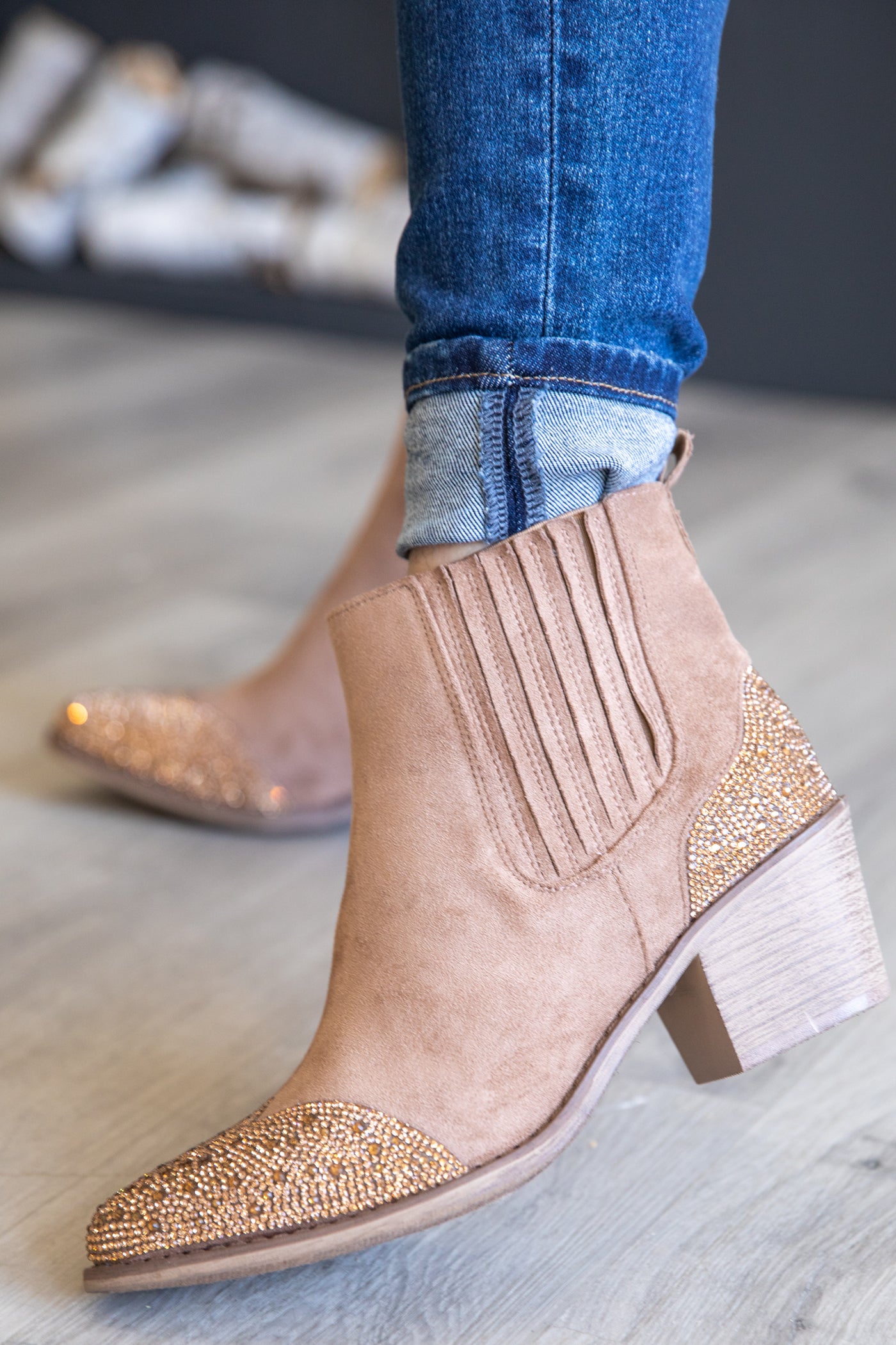 Taupe Faux Suede Booties With Sparkle Toe